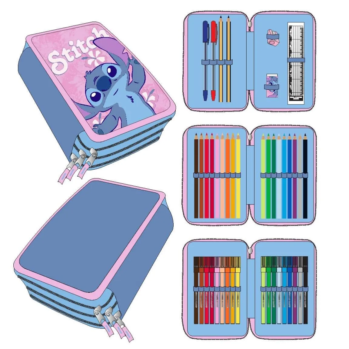 Stitch - Astuccio scolastico per bambini, colore: rosa, chiusura a cerniera, 12,5 x 6,5 x 19,5 cm, triplo scomparto - include accessori - prodotto originale progettato in Spagna, Rosa, Astuccio