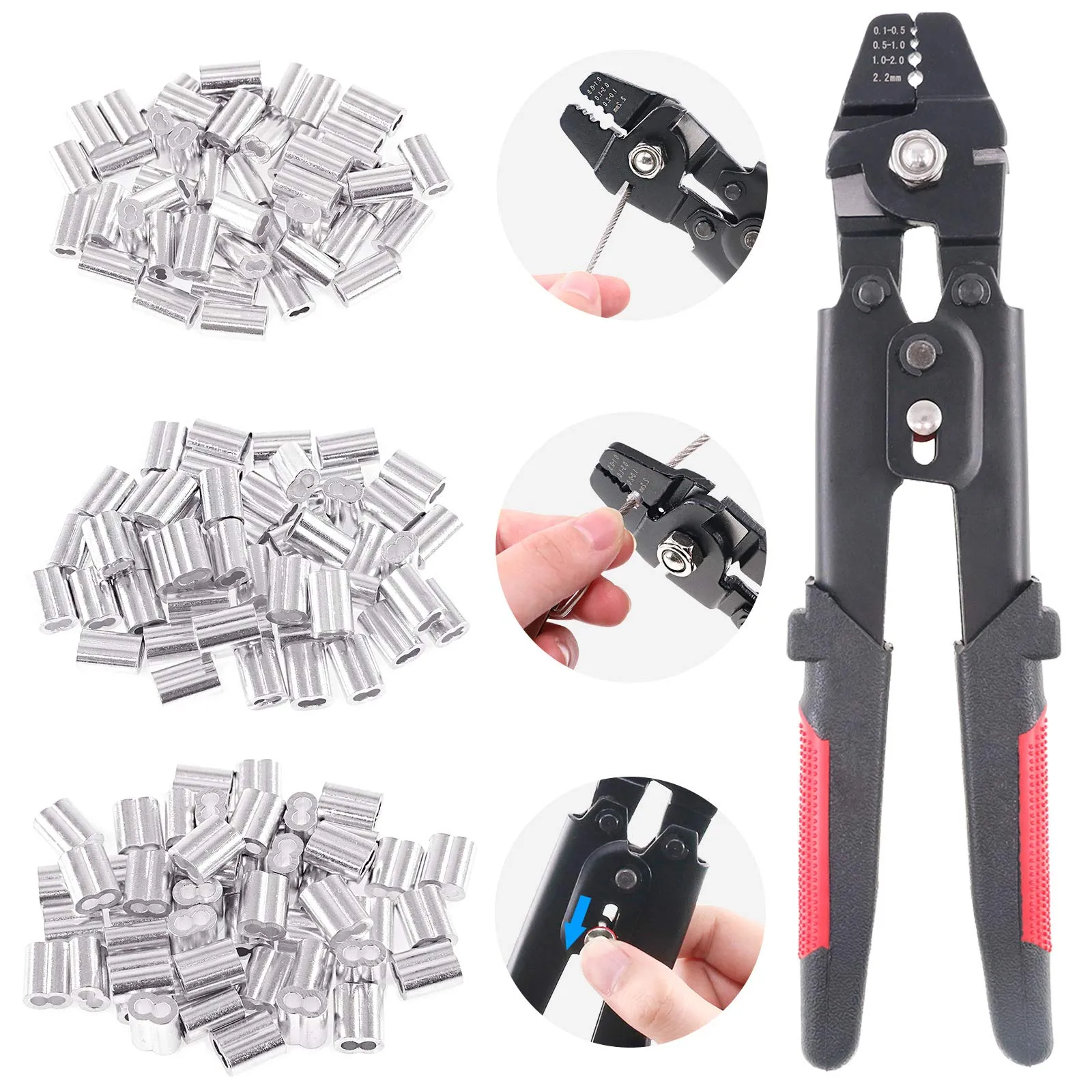 Glarks Fino a 2,2 mm Corda metallica Strumento di crimpatura Corda metallica Swager Crimper Pesca Strumento di crimpatura Con 180Pcs Alluminio Doppio Barrel Ghiera Crimpatura Loop Sleeve Kit