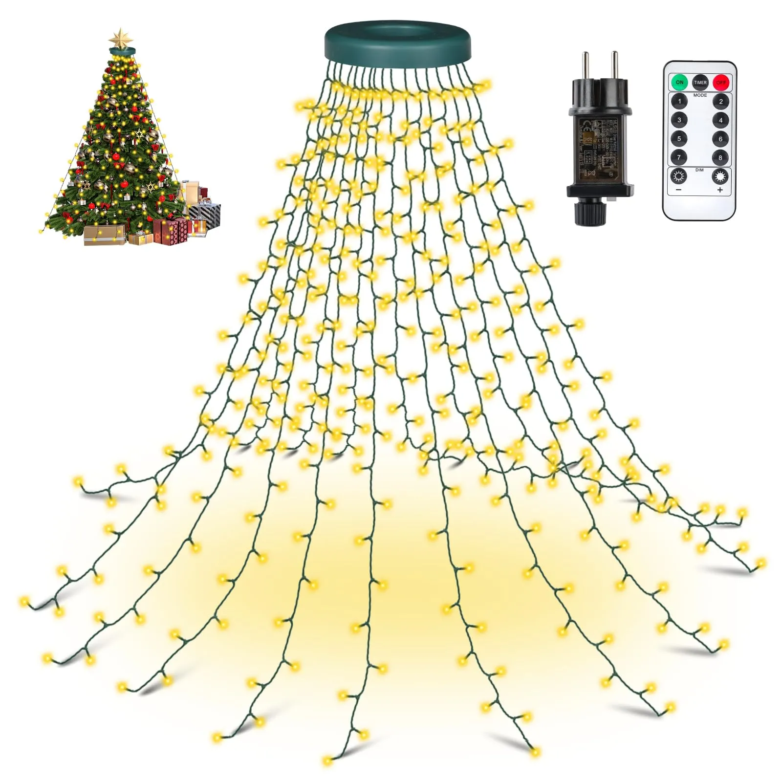 Nextronix Luci Natale Albero 400 LED 2Mx16 Fili, 8 Modalità con Luci Ad Anello, Timer e Telecomando, IP65 Impermeabili Perfetto per Decorazioni Natalizie-Bianco Caldo
