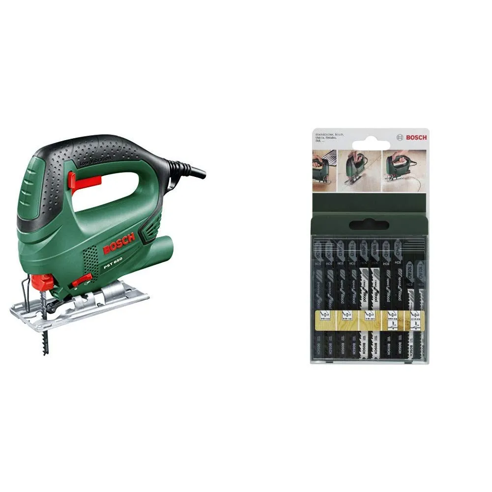 Bosch PST 650 Seghetto Alternativo Compact Easy, Nero/Green + Bosch 2609256744 Set Misto, Lame Seghetto, Legno