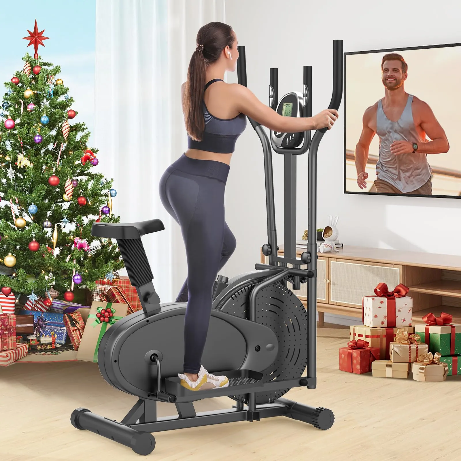 Ellittiche, 2 in 1 Ellittica e Cyclette con Sedile, Monitor LCD, Resistenza regolabile, Pedali Antiscivolo, Macchina per l'allenamento Ellittico, Stepper per l'allenamento Cardio da Casa
