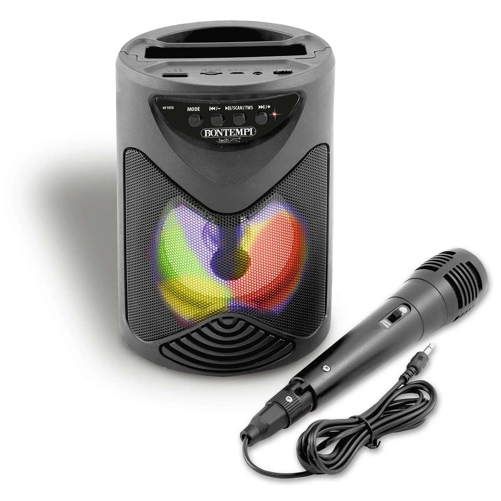 Bontempi | SonicSync - Amplificatore Wireless Karaoke con Microfono Dinamico, Vano Porta Smartphone, Effetti Luminosi ed Effetto Eco, 18,9x15,9x12,9 cm