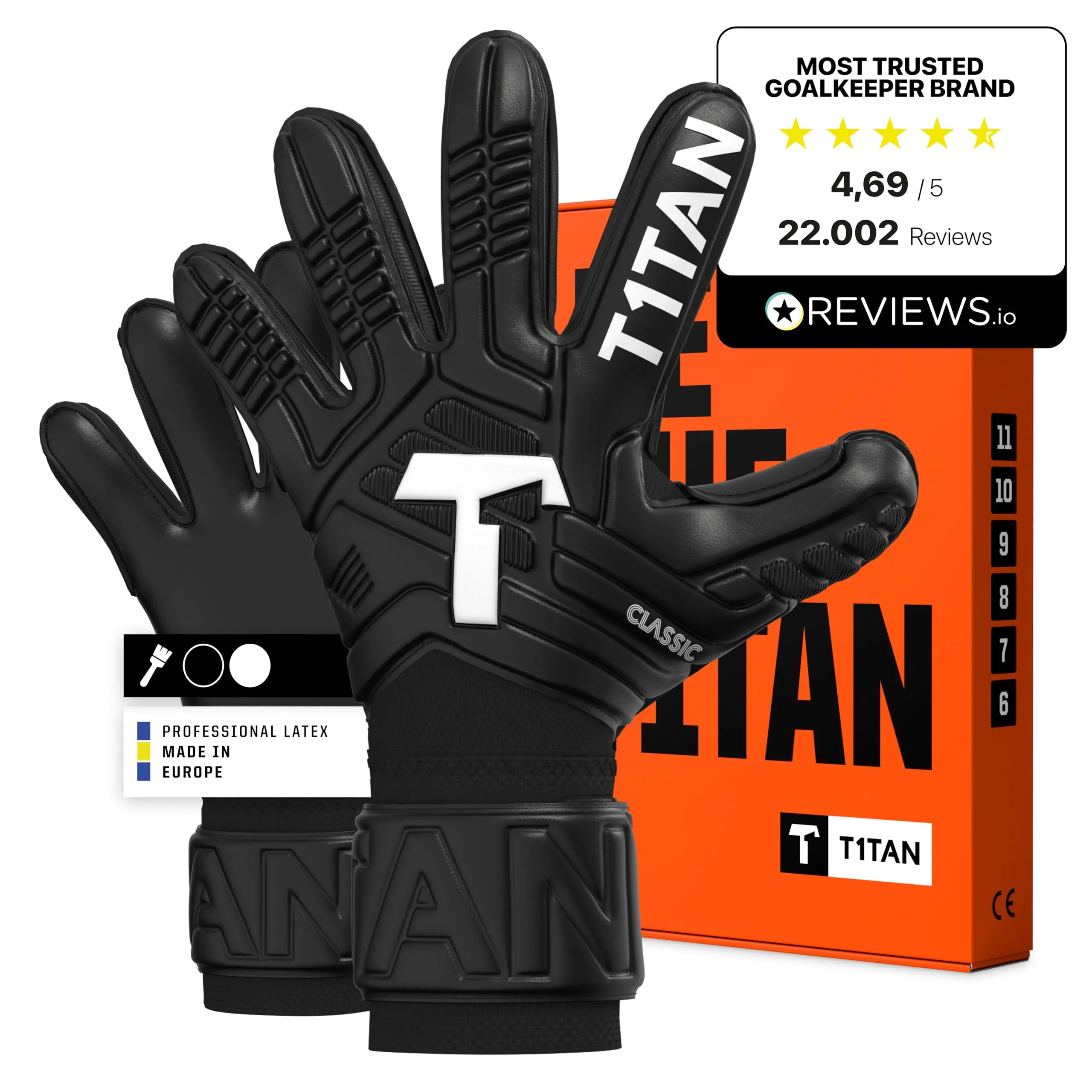 T1TAN Classic 1.0 Black-Out - Guanti da portiere - senza protezione per le dita - guanti da portiere di calcio - taglia 9