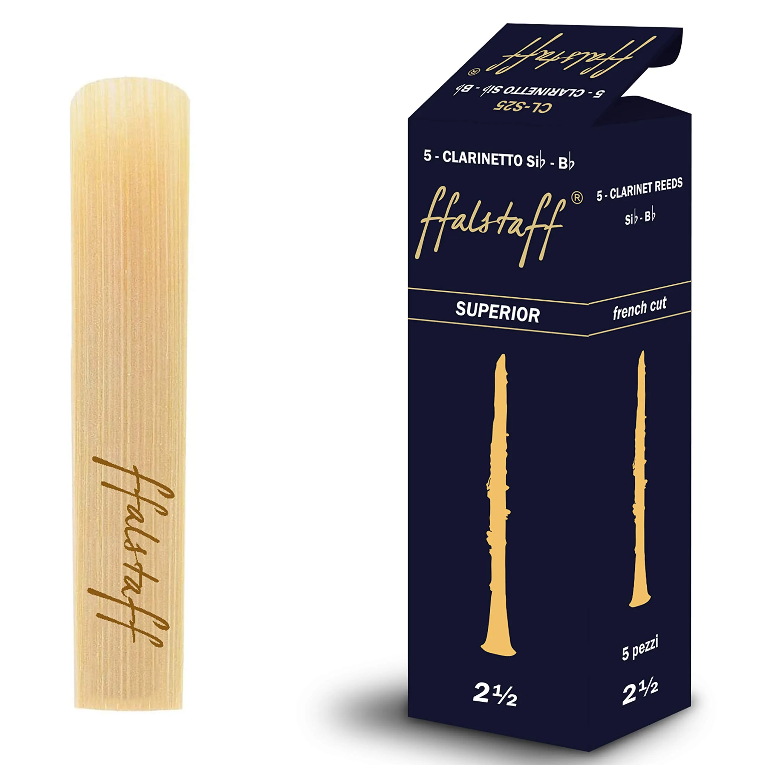 ffalstaff Ance per Clarinetto Si bemolle "Superior" con Taglio Francese Durezza 2.5 in Canna Tradizionale Arundo Donax - Smart Pack da 5 pezzi - Ogni Ancia è Sigillata e Sterilizzata Singolarmente