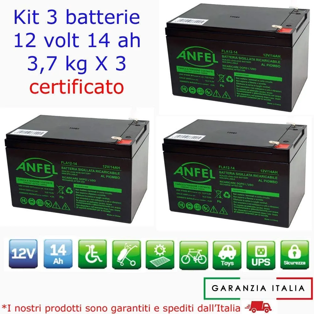 KIT 3 BATTERIE AL PIOMBO RICARICABILE 12V 36V 14AH PER BICI BICICLETTE ELETTRICHE MONOPATTINI QUAD ELETTRICI TRAZIONE ELETTRICA CONNETTORI DEEP F2 6,3 mm CYCLE 6-DZM-14 6DZM14