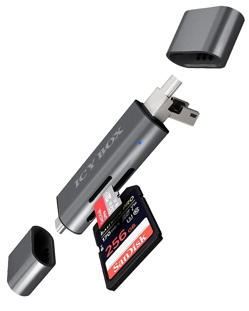 ICY BOX - Lettore di schede USB OTG per Smartphone e Tablet Android, SD e Micro SD, 3 Porte USB (USB-C, USB-A, Micro USB), Esterno, Grigio