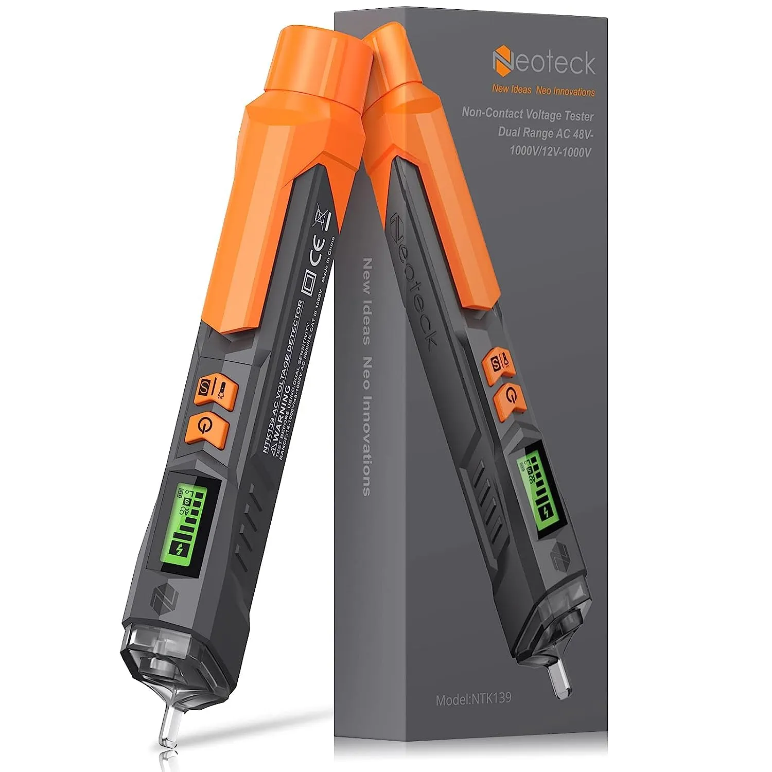 Neoteck Tester di Tensione AC 12-1000V/48V-1000V Cercafase Senza Contatto con Penna Sensibilità Regolabile, Penna Rilevatore di Corrente con Display LCD, Torcia LED, Allarme Sonoro e Luminoso
