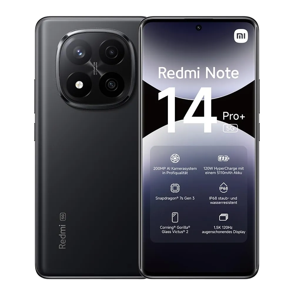 Smartphone Xiaomi Redmi Note 14 Pro+ 5G, 12+512GB, fotocamera AI di livello professionale da 200MP, IP68, HyperCharge da 120W, funzionalità AI (caricabatterie non incluso), Nero