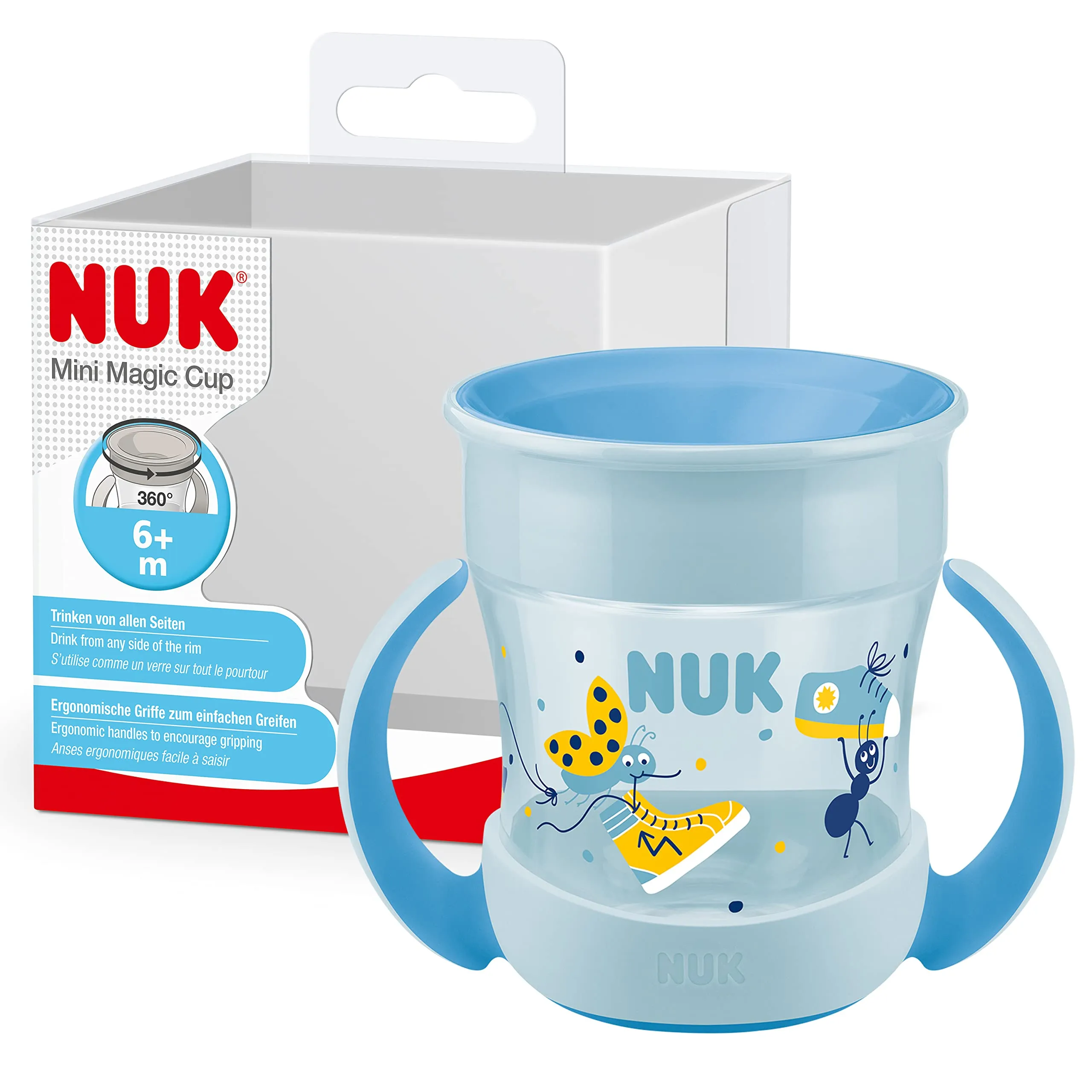 NUK Mini Magic Cup bicchiere antigoccia | Bordo 360° anti-rovesciamento | 6+ mesi | manici ergonomici | Senza BPA | 160 ml | Blu