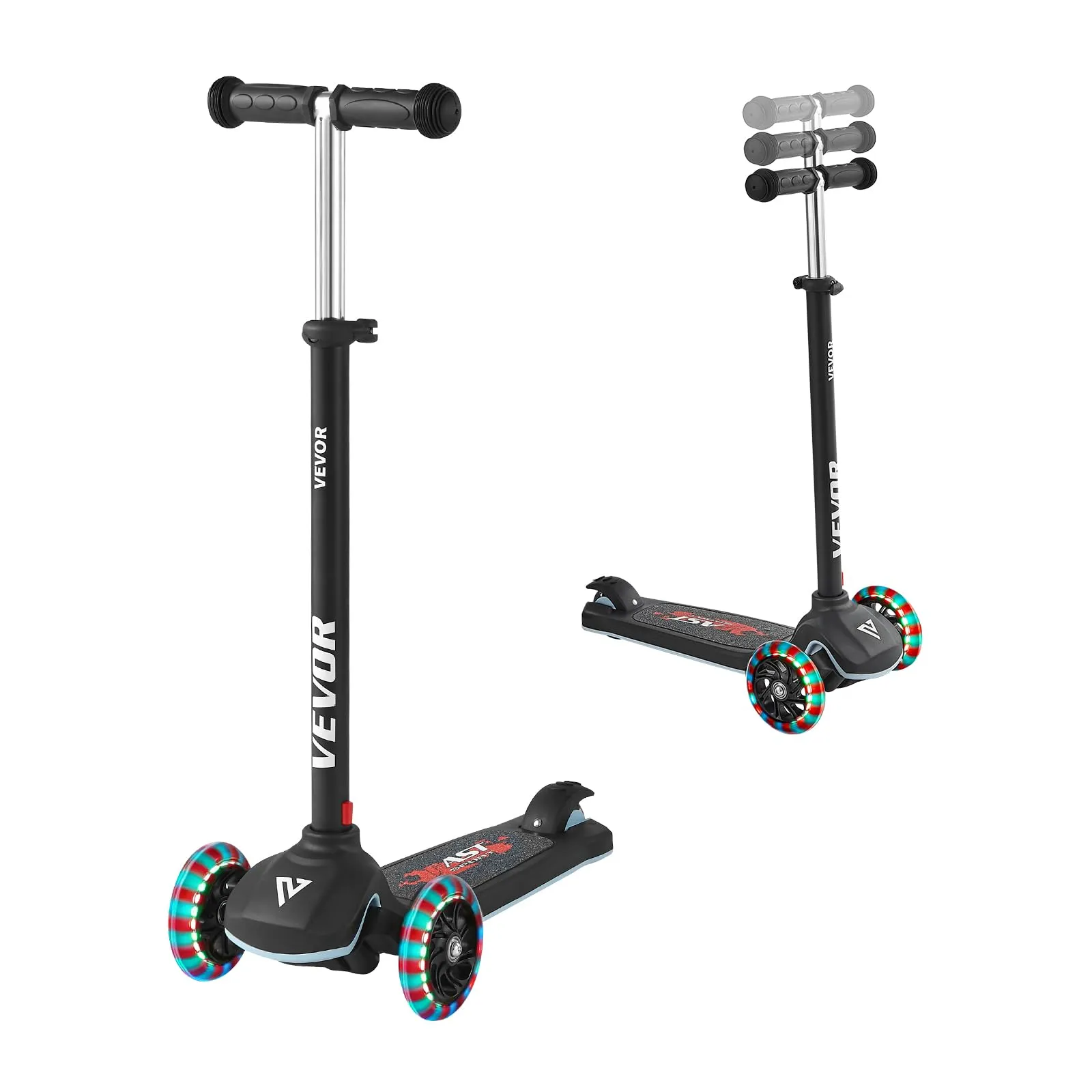 VEVOR Monopattino con 3 Ruote per Bambini da 3 Anni, Monopattino Carico max. 75kg 3 Altezze 710/755/800 mm, Ruote Luminose φ120 mm, Manubrio Altezza Regolabile, Pedana Antiscivolo, Nero
