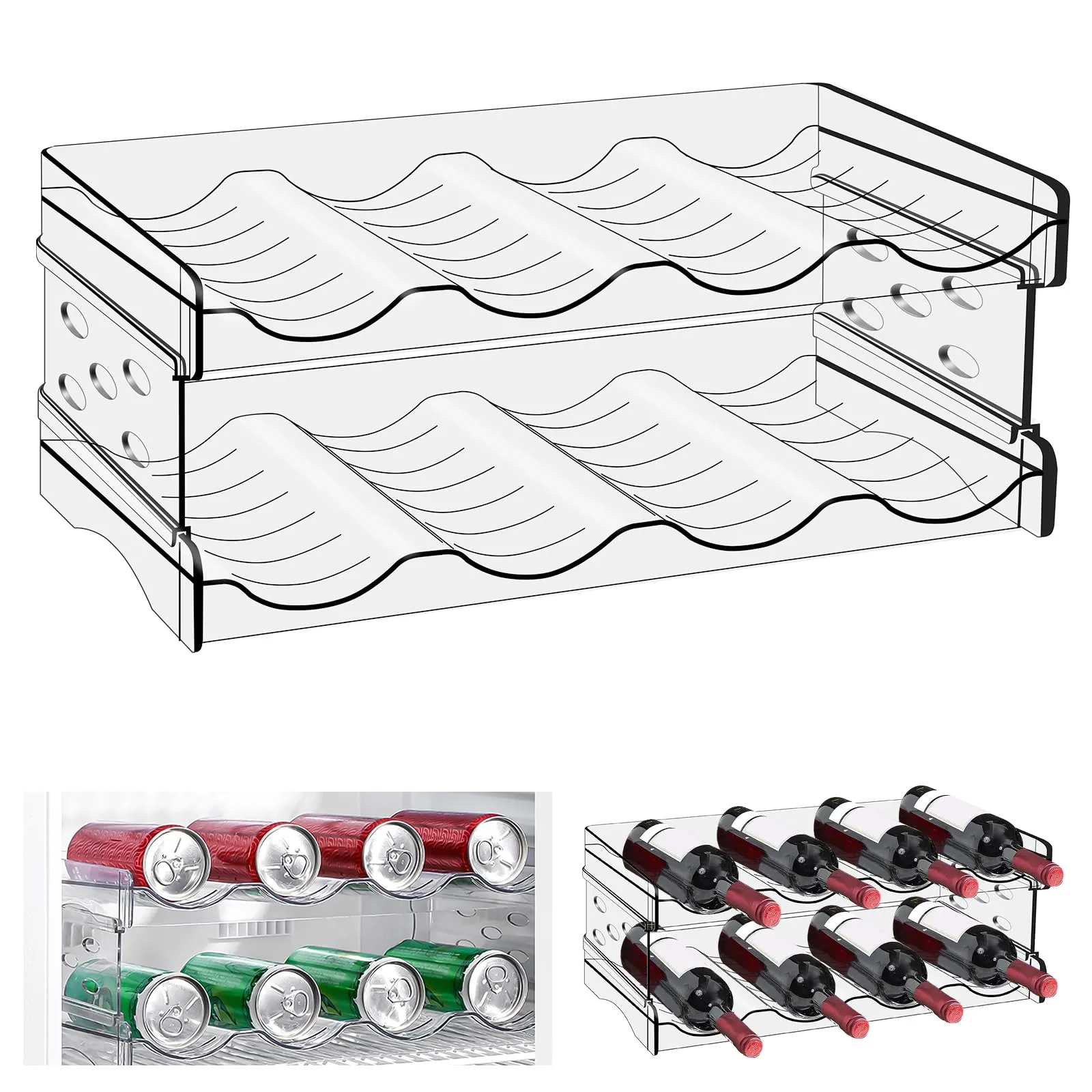 WANDGU Bottiglie organizer per frigorifero: 8 bottiglie, portabottiglie impilabili, portabottiglie di vino, in plastica, porta lattine, porta bottiglie d'acqua trasparente per armadio, ufficio
