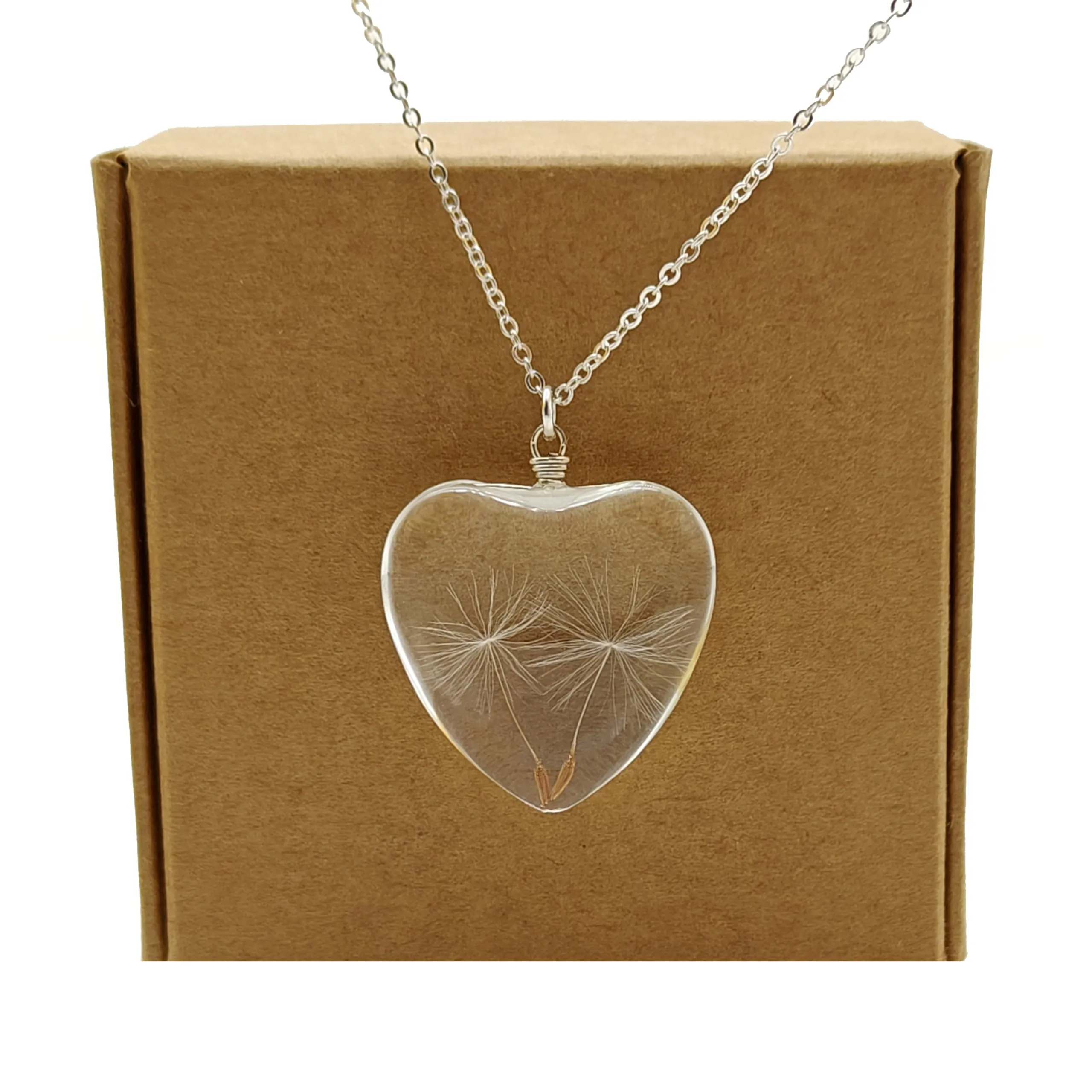 Dente di leone con 2 Desideri Tarassaco Vero Fiori Cuore Amore Vetro Argento Sterling 925 Collane Con pendenti Donna Handmade