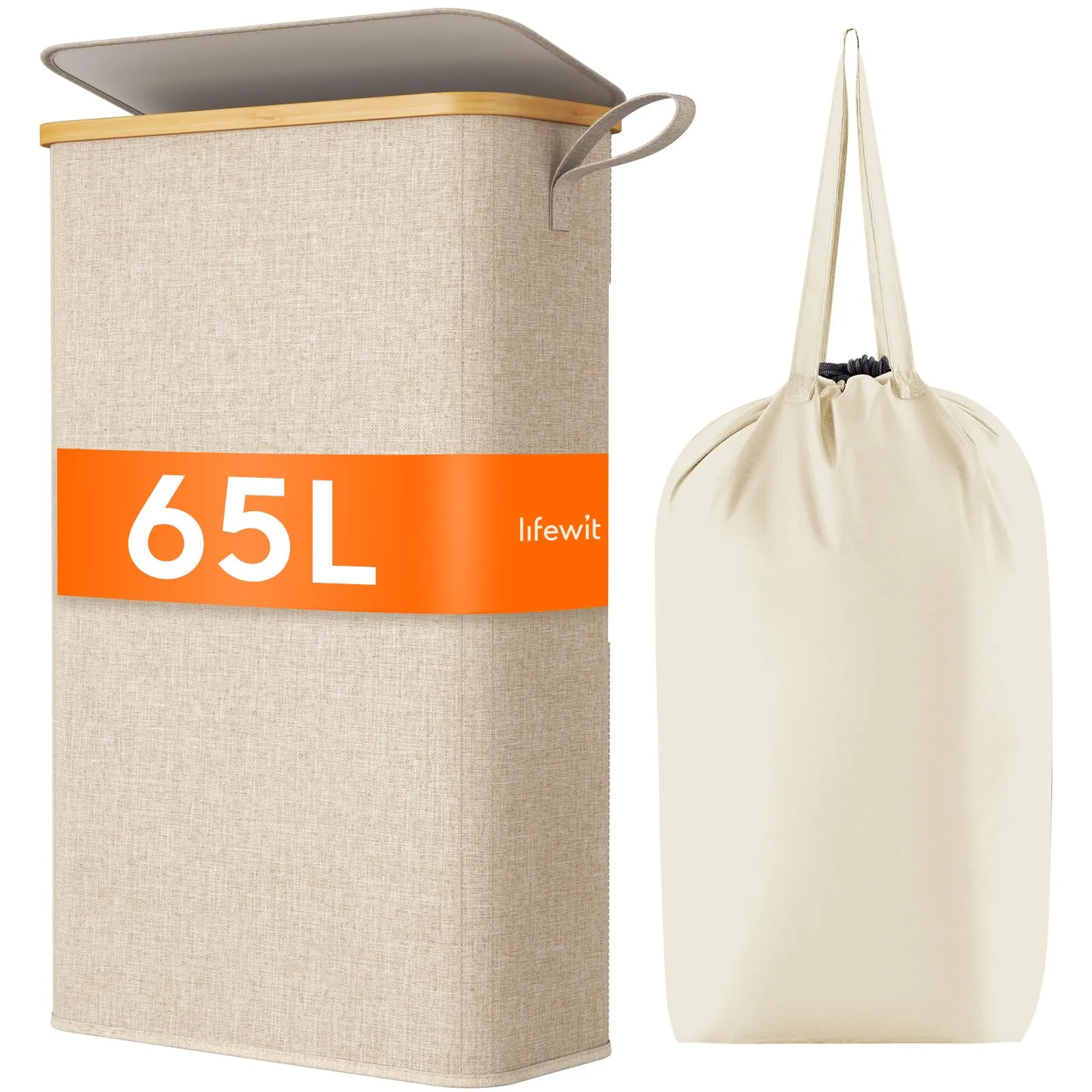 Lifewit Cesto Portabiancheria Salvaspazio, Cesta Biancheria Sporca con Coperchio, Porta Biancheria Sporca Slim per Bagno, Laundry Basket per Camera da Letto, Bagno, Lavanderia, 65 L, Beige