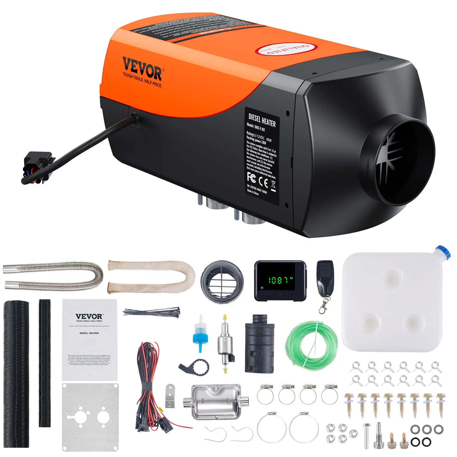 VEVOR Riscaldatore d'Aria Diesel per Auto Camper Camion RV 12 V 2 KW Temperatura Regolabile 8℃ -36℃ Controllo Remoto, Riscaldatore da Parcheggio per Auto Consumo di Carburante 0,16-0,26L/h BTU 10-15m²