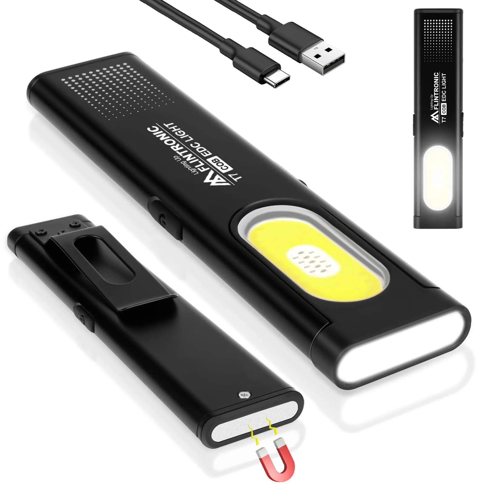 flintronic Mini Torcia Piatta, Lampada da Lavoro COB Ricaricabile Ttramite USB C, 4 modalità di illuminazione, Lampada portatile per Auto/Campeggio/Home e di Emergenza Uso