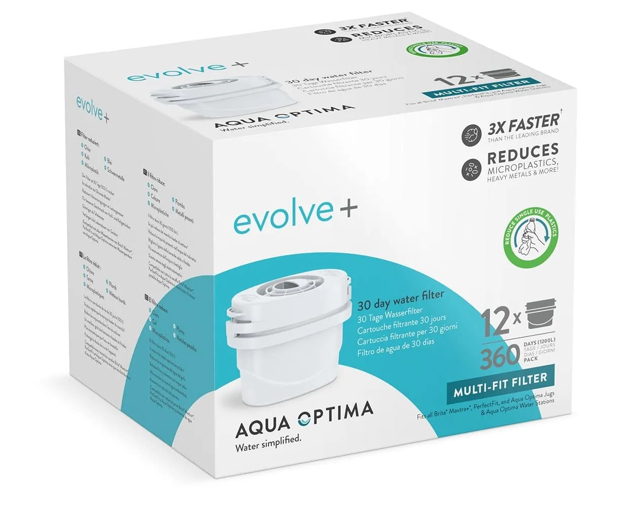 Aqua Optima Evolve+ Cartuccia Filtro per Acqua - Compatibile con Brita Maxtra, Maxtra+ e PerfectFit* - Riduce Cloro, Calcare, e Altri Impurità - 12 Filtri x 100L (12 Mesi)