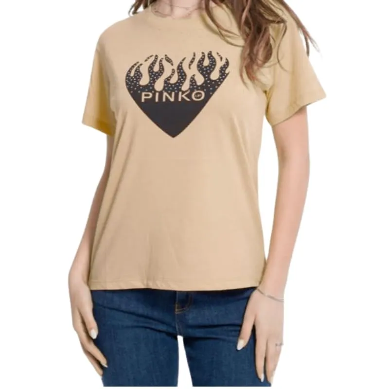 Pinko Up T-Shirt Maglietta, Donna, Cuore con Brillantini, Cotone Regular Fit (IT, Testo, S, Regular, Regular, Nocciola)