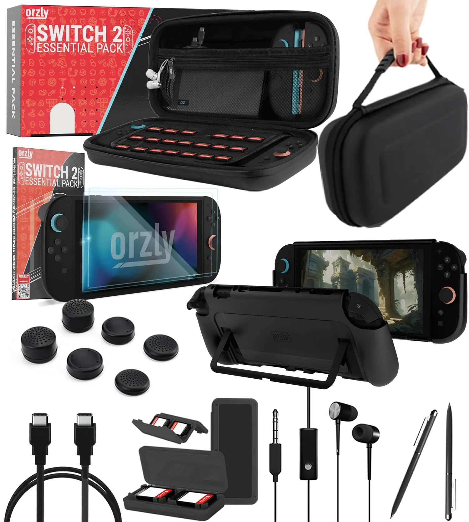 Orzly Accessori per Switch 2 – Custodia e Pellicola Protettiva per Nintendo Switch 2 (2025), Cavo di Ricarica, Porta Giochi, Custodia con Impugnatura Comfort, Cuffie e Altro – Edizione Regalo