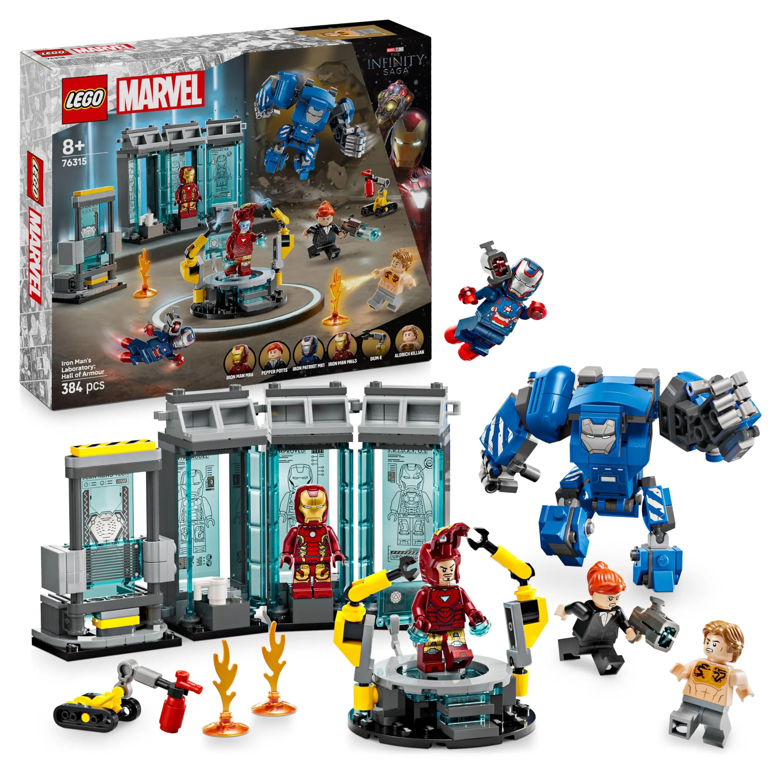 LEGO Marvel Laboratorio di Iron Man: Sala delle Armature - Giocattolo per Fan dei Supereroi con Mech e 5 Minifigure tra cui Aldrich Killian e Robot Dum-E - Regalo Avengers per Bambini da 8 Anni 76315