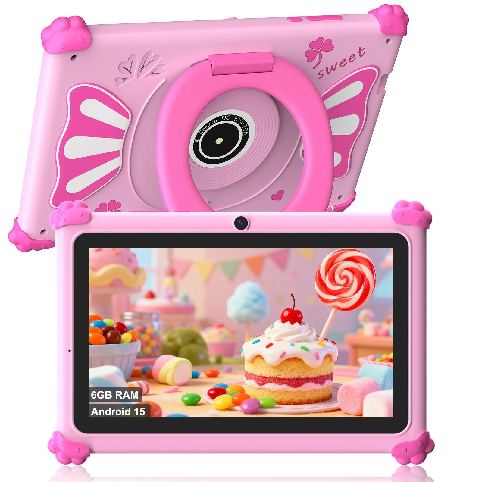 ascrecem Tablet Bambini 7 Pollici Android 15 Tablet per Bambini con 2.4G+5G WiFi6 Penta Core 6GB RAM 32GB ROM Tablets Bambina Doppia Fotocamera 128GB Espandibile Controllo Parentale (Rosa)