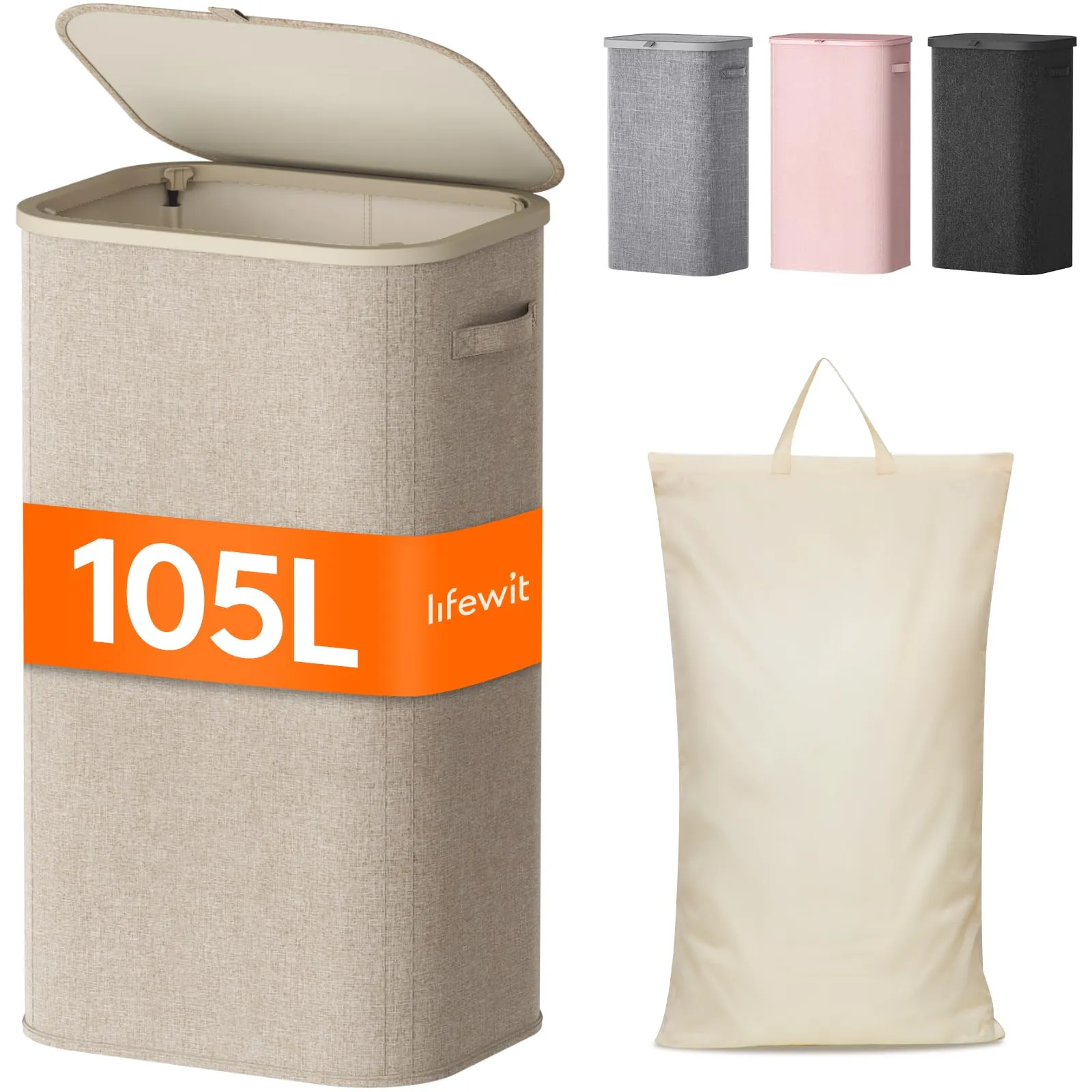 Lifewit Cesto Portabiancheria 105 L, Cesta Panni Sporchi con coperchio, Laundry Basket con Plastica Manici, Porta Biancheria Sporca per Bagno, Lavanderia, Camera da Letto, Beige