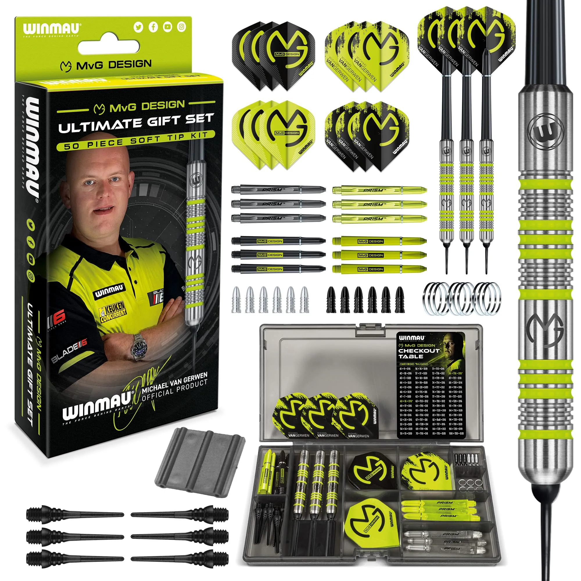 WINMAU - Set freccette Michael van Gerwen MvG Softip, idea regalo, set con 50 freccette con 4 set di astine, 4 set di alette e accessori