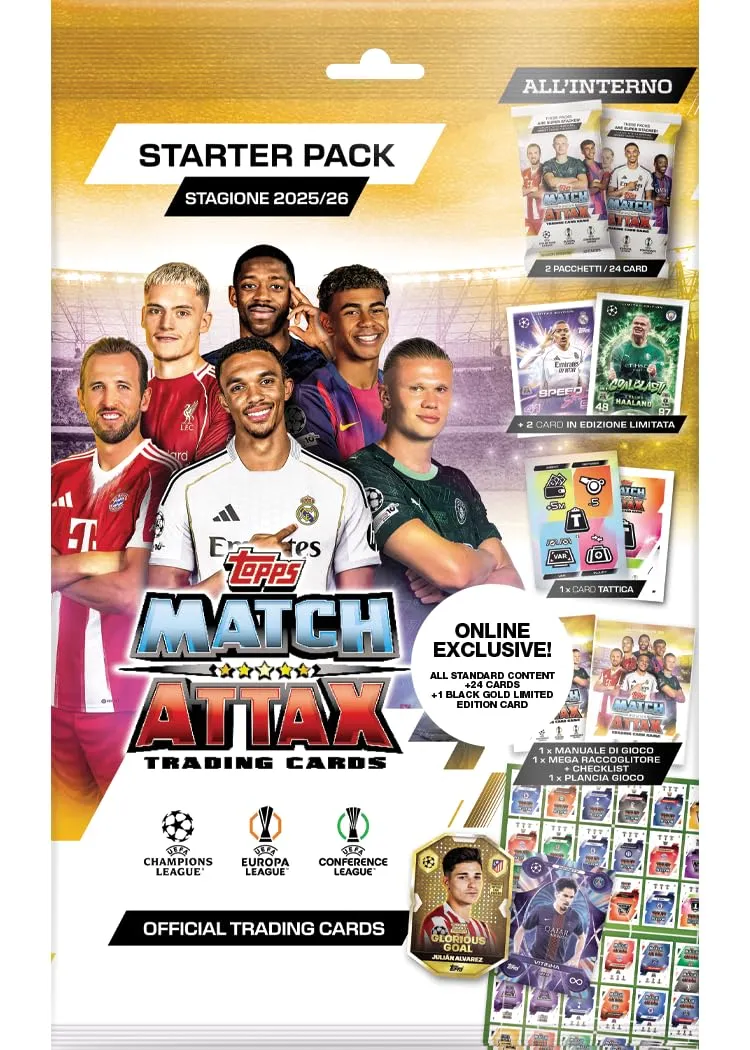 Topps UCC Match Attax 2025/26- Starter Pack - Esclusiva online! Contiene 48 carte più 4 carte esclusive e molto altro!