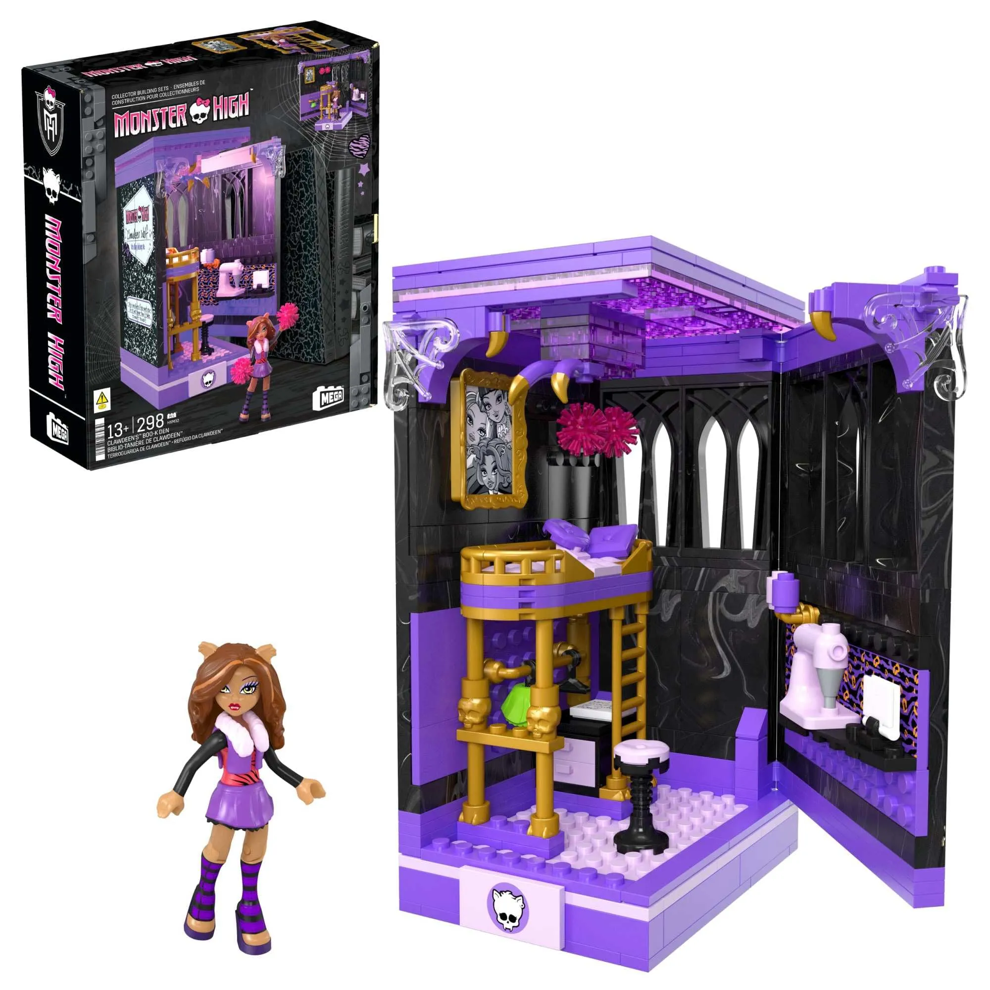 MEGA Monster High - La Spaventosa Tana di Clawdeen, set da costruire con 299 pezzi e 1 personaggio Clawdeen incluso, si apre come un libro per esporlo, giocattolo da collezione, 13+ anni, HXM32
