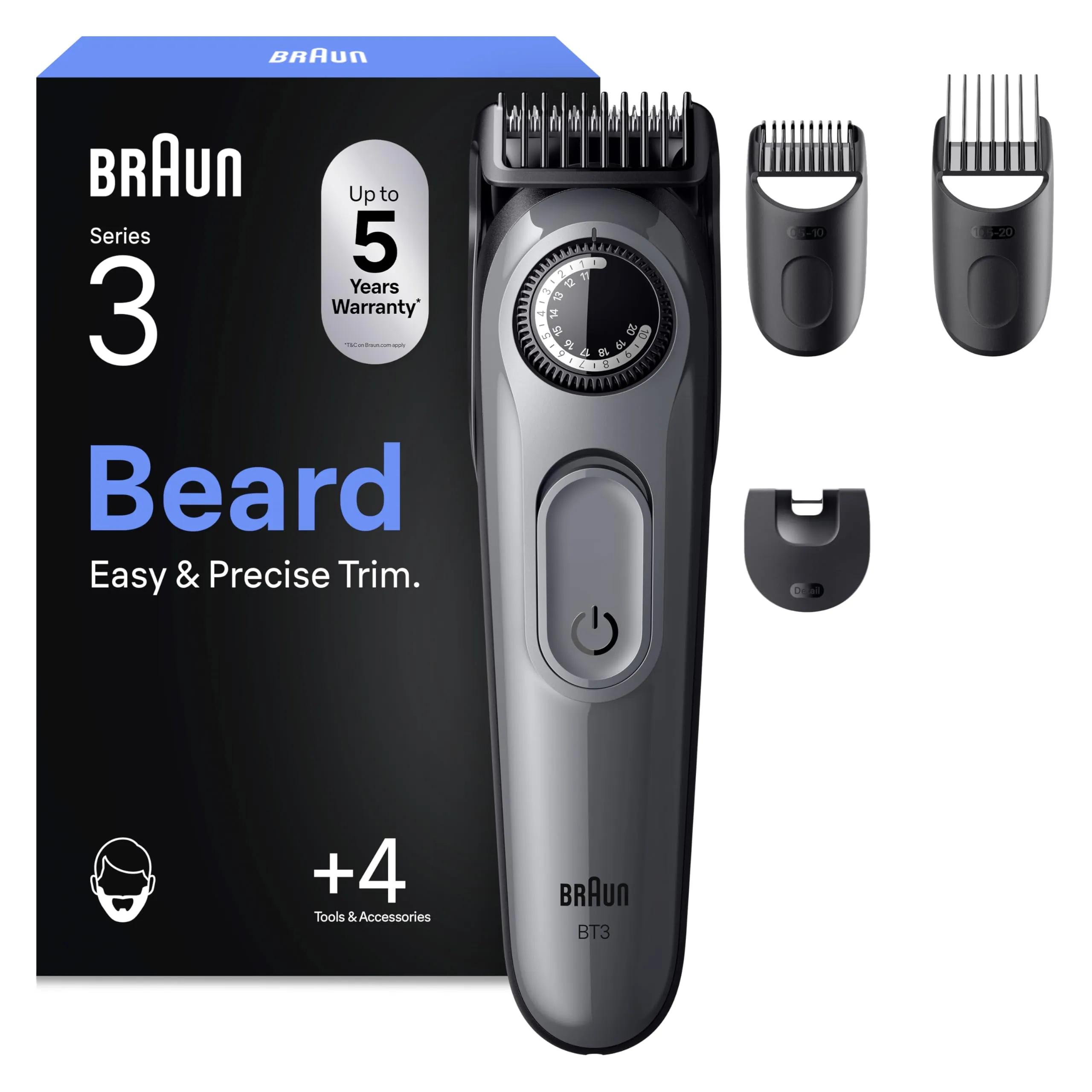 Braun Regolabarba Uomo Series 3, +4 Strumenti Di Styling, Lama Ultra Affilata, 50 Min Di Utilizzo, 40 Lunghezze, Rasoio Elettrico Barba, BT3525, Grigio