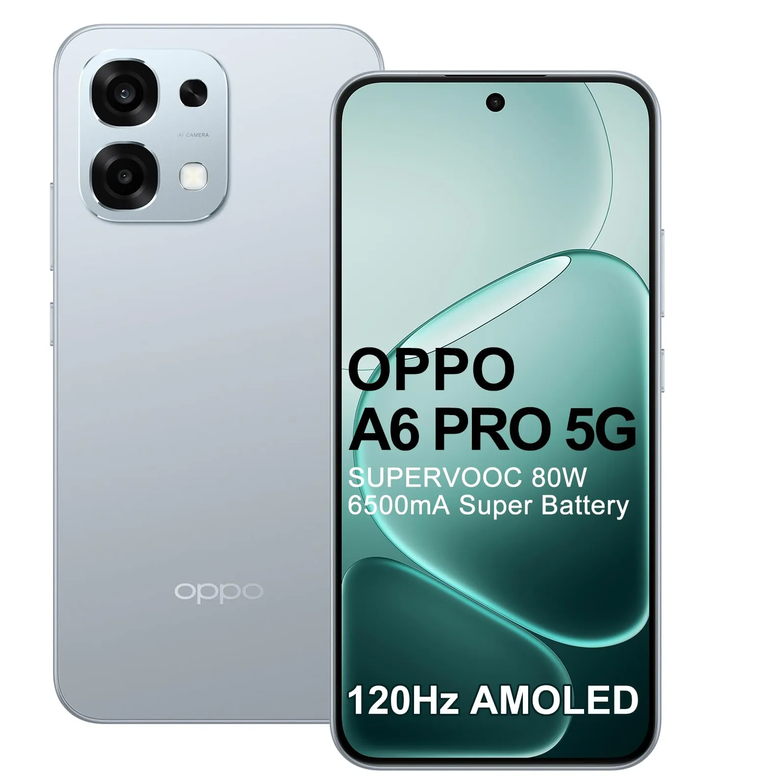 OPPO A6 Pro 5G 8+256GB Teléfono Móvil, Grande Batería 6500mAh IA Smartphone, 80W SUPERVOOC, Pantalla 120Hz 6,57" AMOLED, Dimensity 6300 5G, Cámara AI 50+2MP, IP69, AI LinkBoost, NFC, Dual SIM, Plata