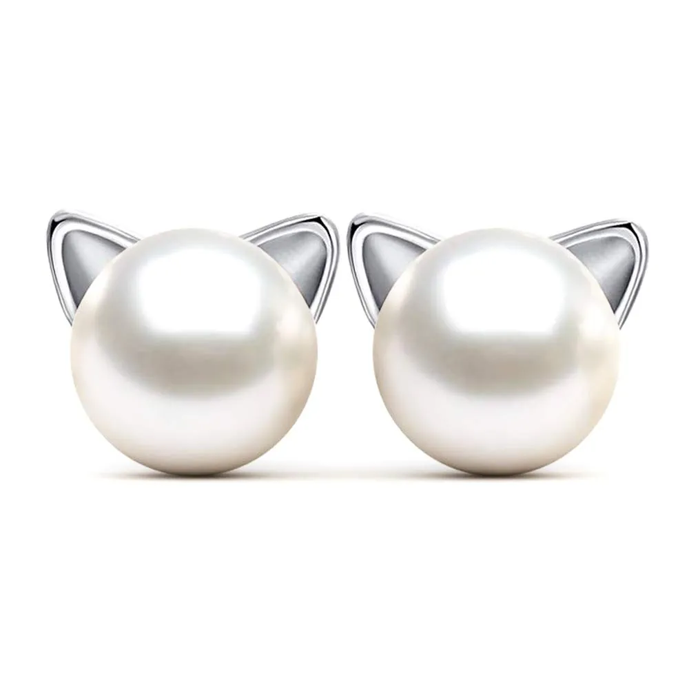 Epoch World 8MM Orecchini Perle per Donna Bambine Argento 925, Orecchini Gatto Donna Piccolo