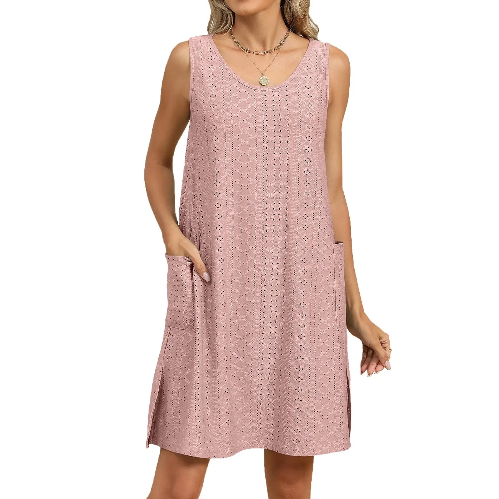 Vestiti Estivi Donna Prendisole Estivo da Spiaggia Bohémien retrò con Scollo Rotondo Casual Abiti al Ginocchio Senza Maniche Maglia Traforata Spacchi Laterali Dress con Tasca Anguria Rossa XL