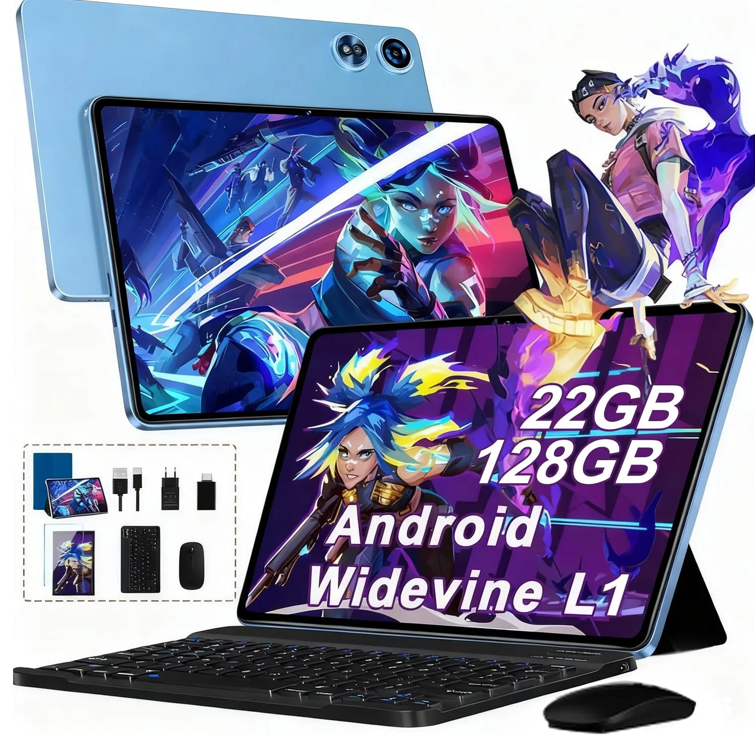 2026 Tablet 10 Pollici Android con 22GB RAM + 128GB ROM (TF/2TB), Octa-Core 2.0 GHz, Widevine L1, 5G WiFi 6, Bluetooth 5.0, 1280 * 800 FHD IPS, 8000mAh, GMS, Newest Tablet con Tastiera e Mouse - Nero