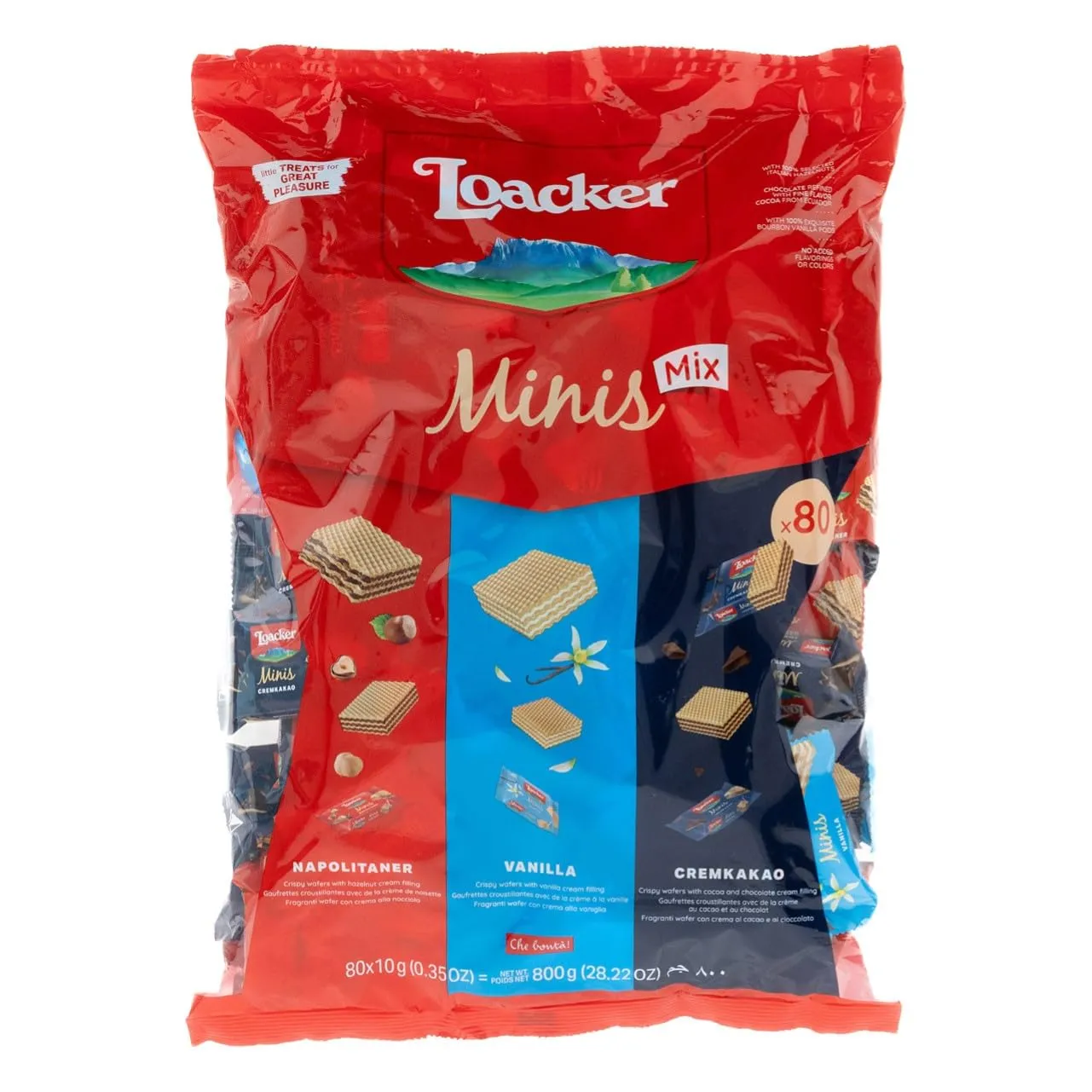 Loacker Party Pack XL, Mix di Mini Wafer Classic con Crema al Cioccolato, Nocciola e Vaniglia, 3 Varietà in 80 monoporzioni, Confezione Convenienza da 800g