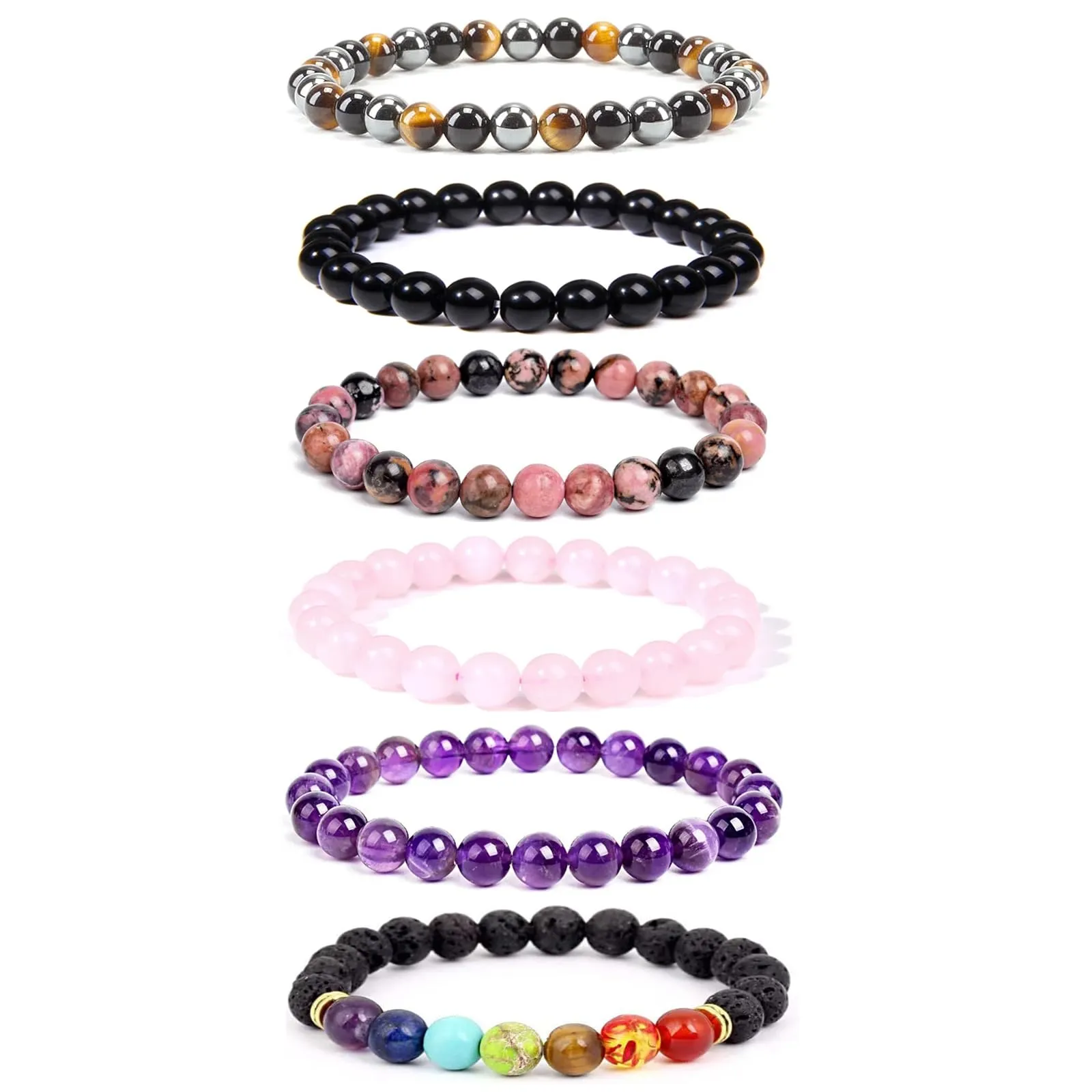 Epoch World 6 Pezzi Bracciale Pietre Naturali Bracciali Pietra Bracciale Perline Coppie Bracciali Elastici Braccialetto Perline 8mm Bracciale Elastico Braccialetti Perle Bracciale per Uomo Donna