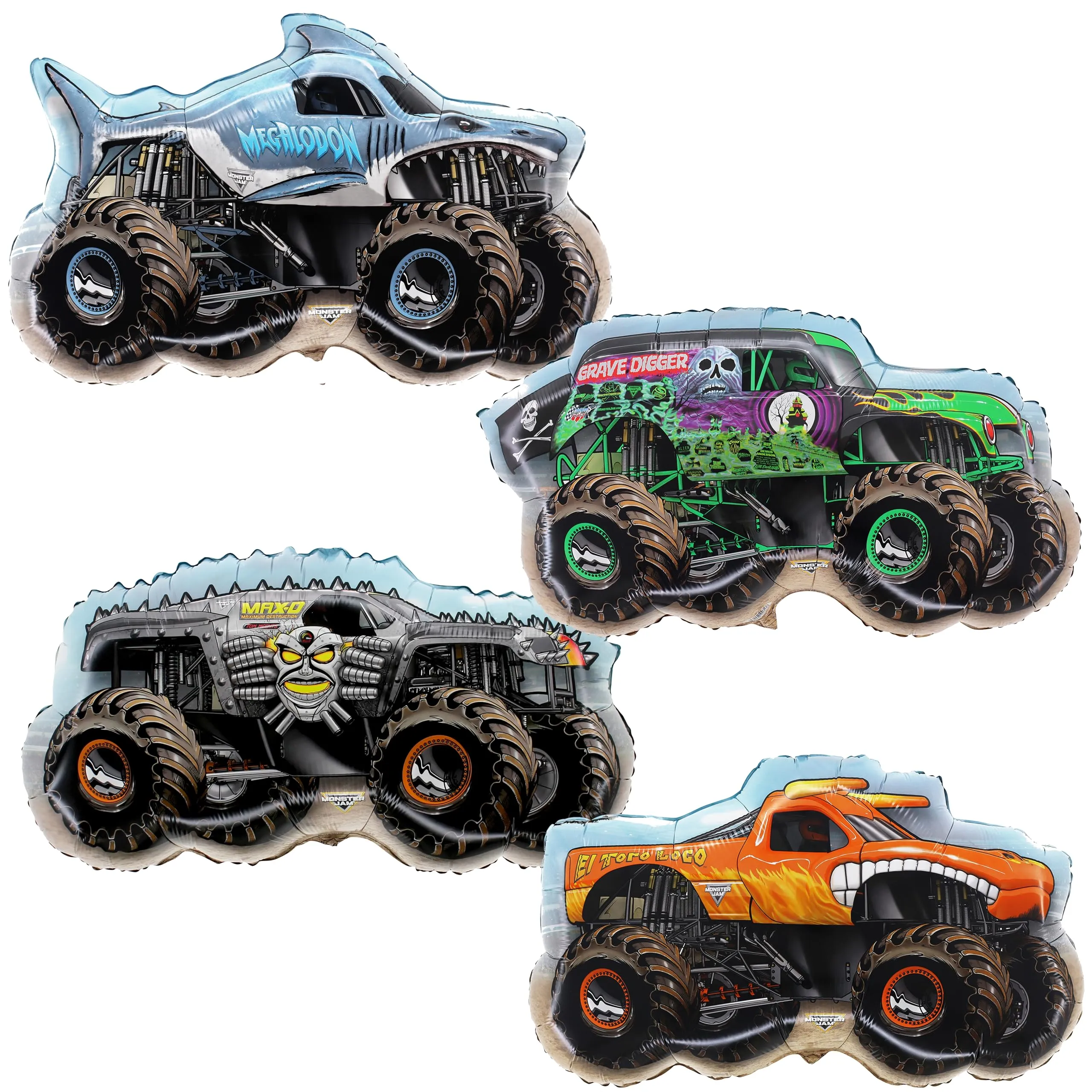 Toyland® Confezione da 4 Monster Jam Palloncini in Alluminio per Camion Mostro - Grave Digger, El Toro Loco, Max D & Megalodon Palloncini a Forma di Personaggio