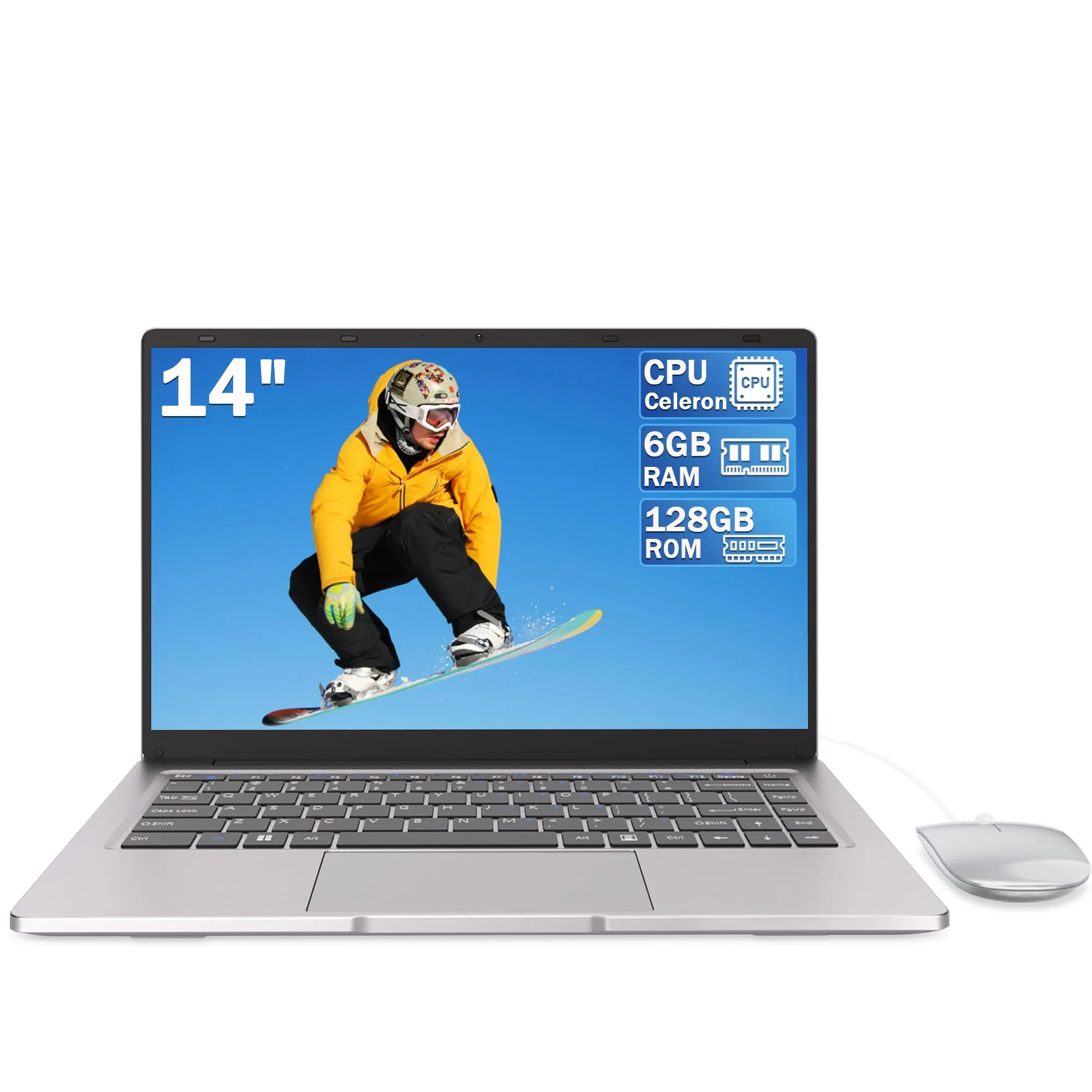 PINSTONE PC Portatile 14″ Dual-Core fino a 2,6 GHz • 6 GB RAM • SSD 128 GB • Display UHD • WiFi 5G • Mini-HDMI • Tastiera a membrana • Design fanless • Argento • Mouse incluso
