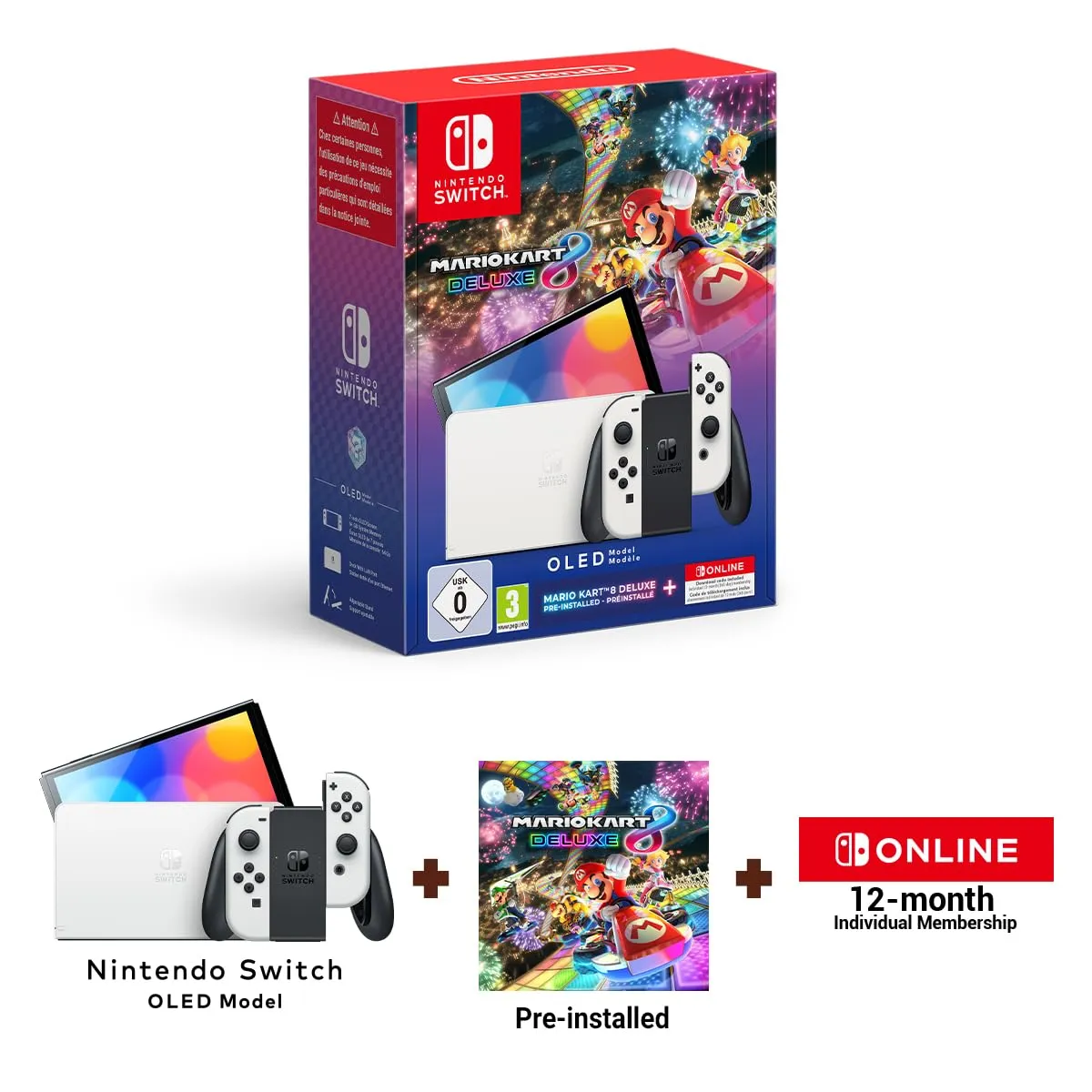 Nintendo Switch OLED (White) + Mario Kart 8 Deluxe + 12 Months NSO