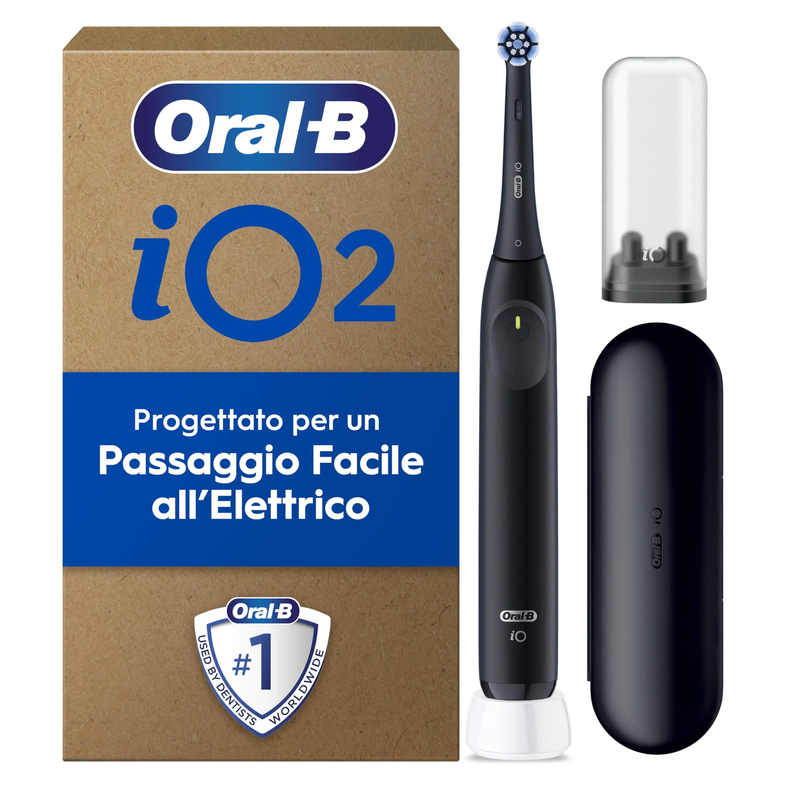 Oral-B iO 2 Spazzolino Elettrico Oral B, Nero, 1 Testina Di Ricambio, 1 Spazzolino, Custodia Da Viaggio, Supporto per Testine, Delicato sulle Gengive, Efficace sulla placca, Sensore di Pressione