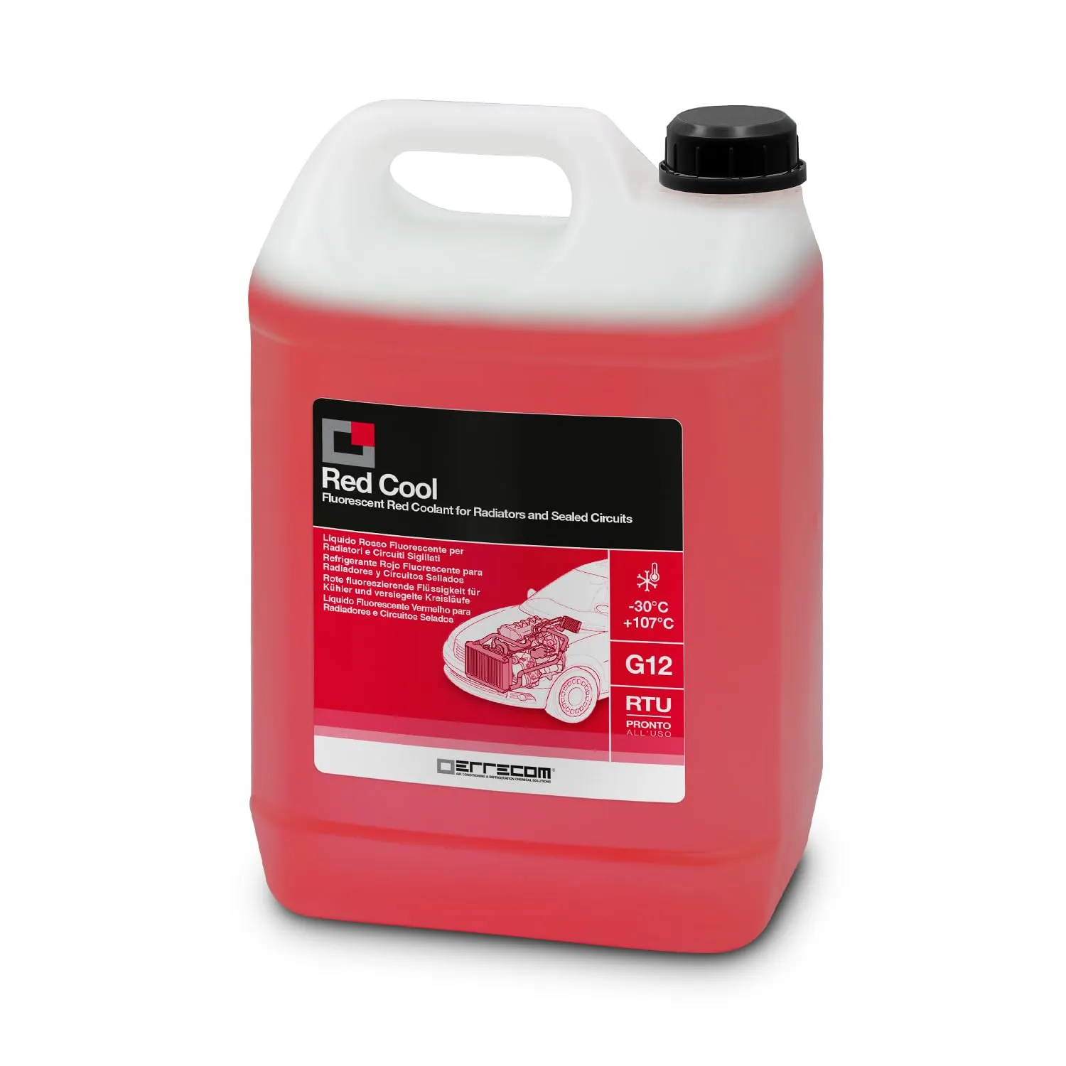 ERRECOM Red Cool, Liquido Radiatore Rosso Fluorescente -30°C/+107°C, antigelo G12 con Pacchetto inibitore a Base Organica Oat, Pronto all’Uso, 5 Litri