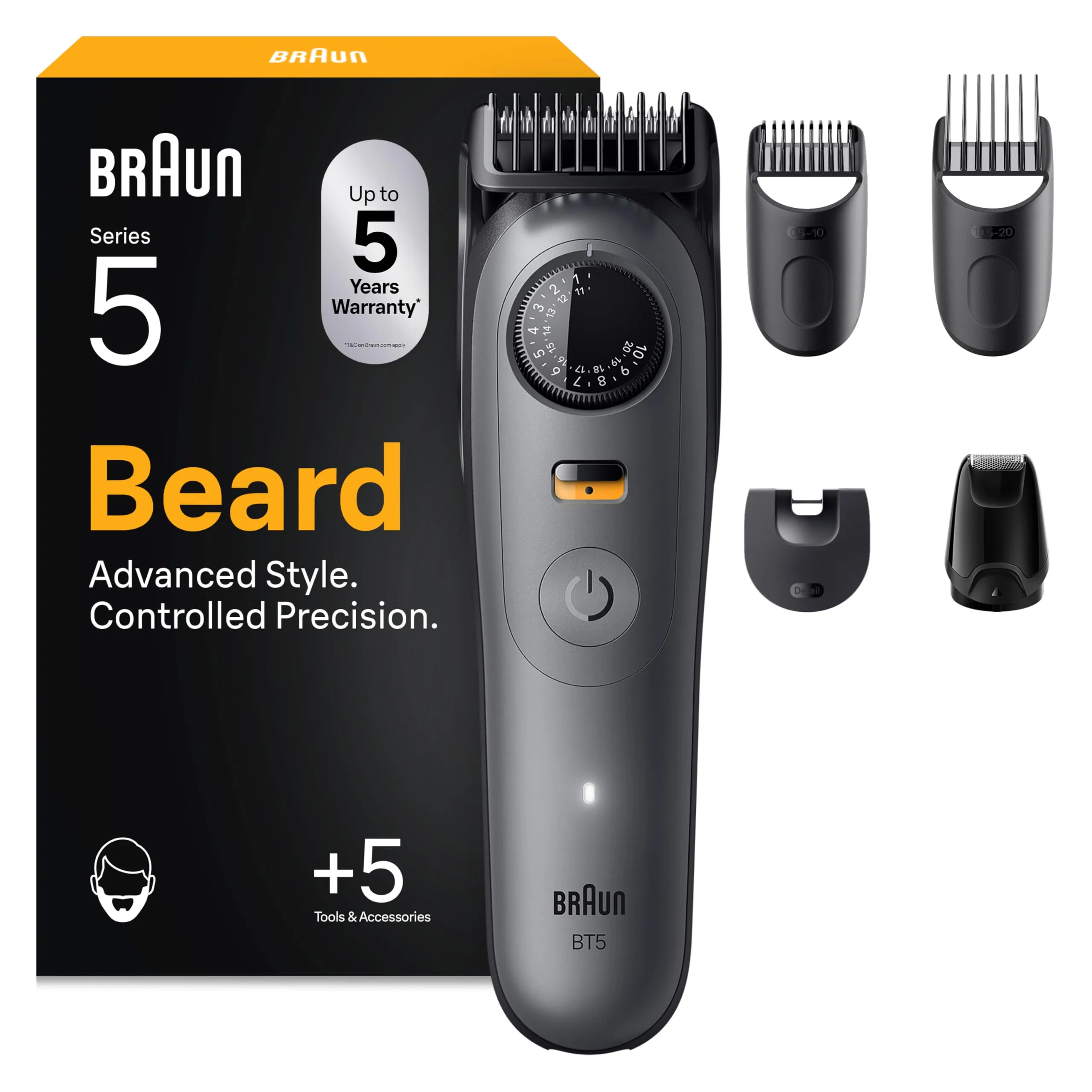 Braun Regolabarba Uomo Series 5, Rasoio Elettrico Barba Braun, +5 Strumenti Styling, Lama Ultra Affilata, 120 Min Autonomia, Impermeabile, Selettore di Precisione Con 40 Lunghezze&Blocco BT5525 Grigio