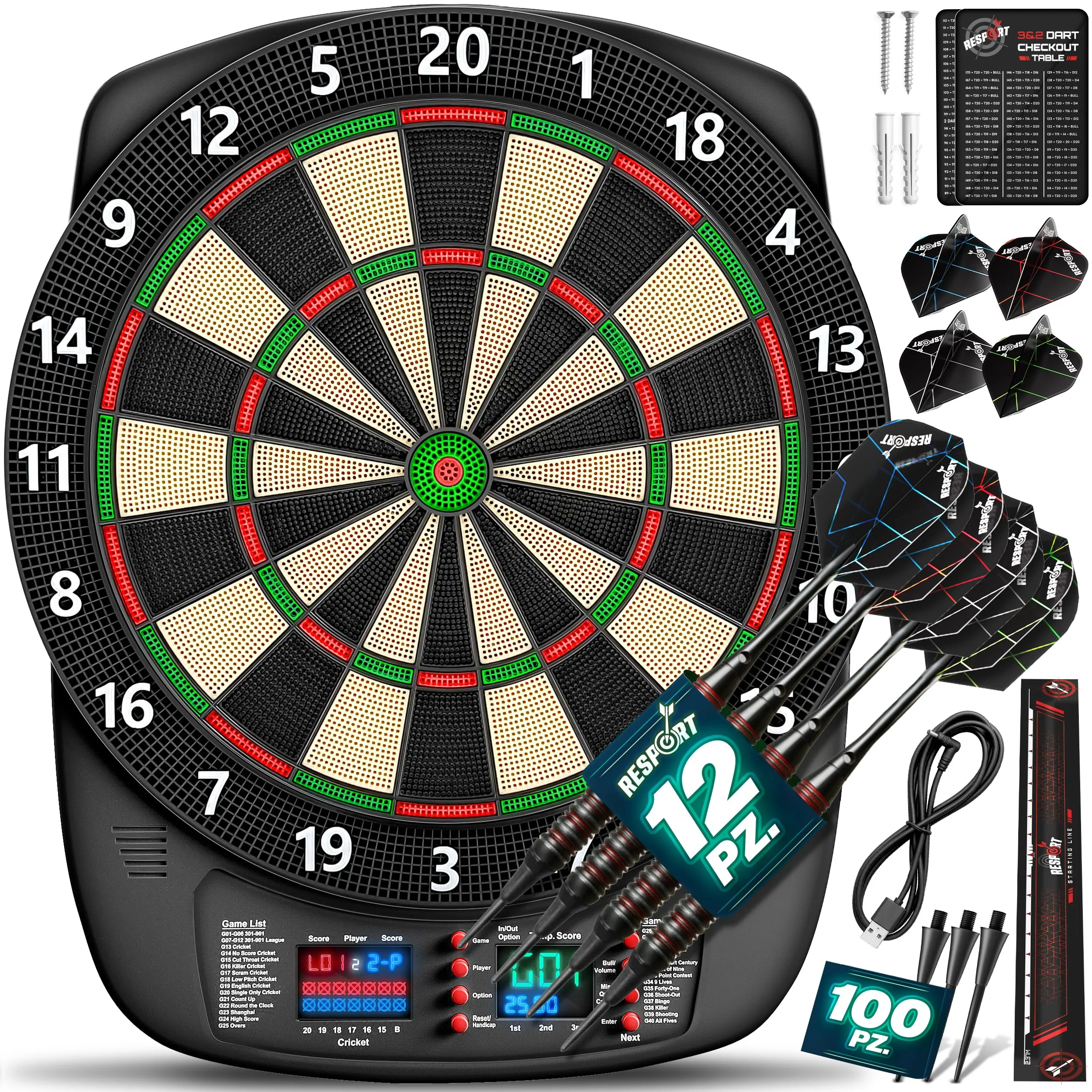 RE:SPORT Bersaglio elettronico professionale con 12 frecce + 24 alette Pro + 100 punte e accessori | Auto per freccette elettronica per 1-8 giocatori con 427 varianti | Bersaglio elettrico con
