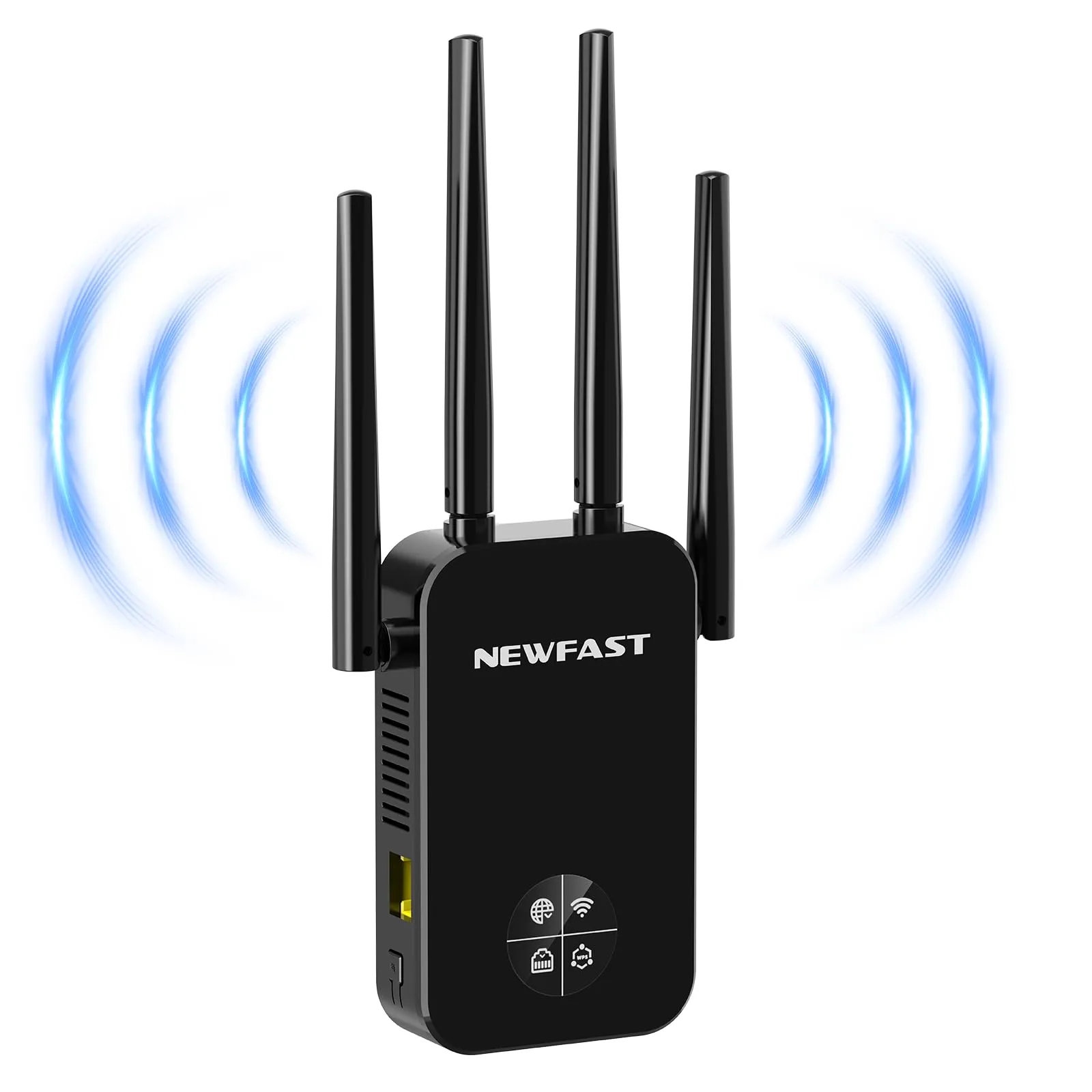 NEWFAST Ripetitore WiFi Potente per Casa, 1200Mbps WiFi Extender Dual Band 2.4GHz/5GHz con 4 Antenne ad Alto Guadagno, Porta Ethernet, WPS, Display Intelligente, Supporta 3 Modalità(Nero)