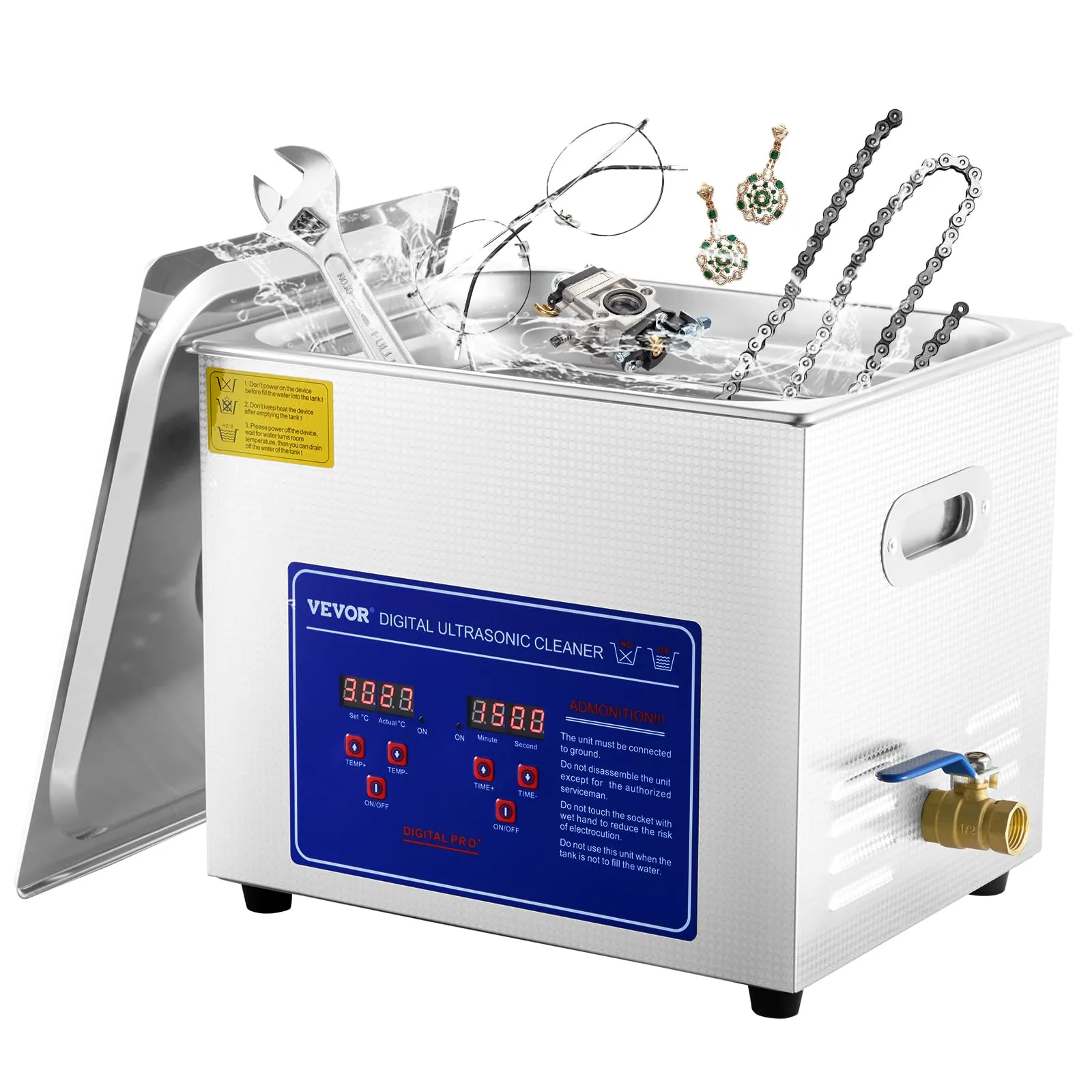 VEVOR Pulitore ad Ultrasuoni 10L, Pulitore Digitale a Ultrasuoni in Acciaio Inox Portatile e Professionale per Occhiali, Gioielli, Monete Digitale Pulizia di Gioielli per Uso Domestico Commerciale