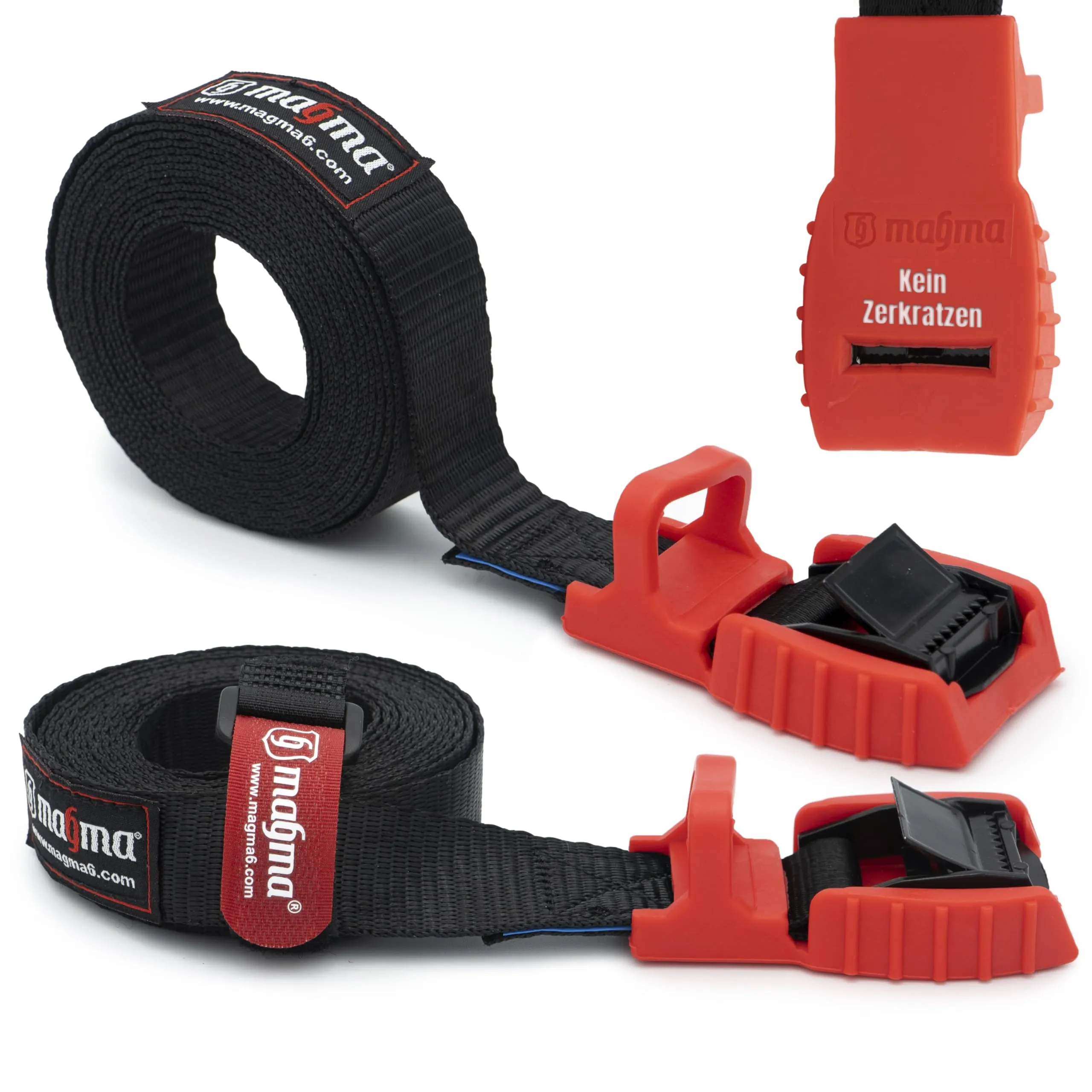 MAGMA 2 Cinghie di Ancoraggio Cinghia per Fissaggio del Carico Bici Portapacchi, Kayak, Moto e Auto | Set di 2 Cinghie Regolabili e AntiGraffio per Assicurare Carichi Chiusura con Fibbia 3m Rosso
