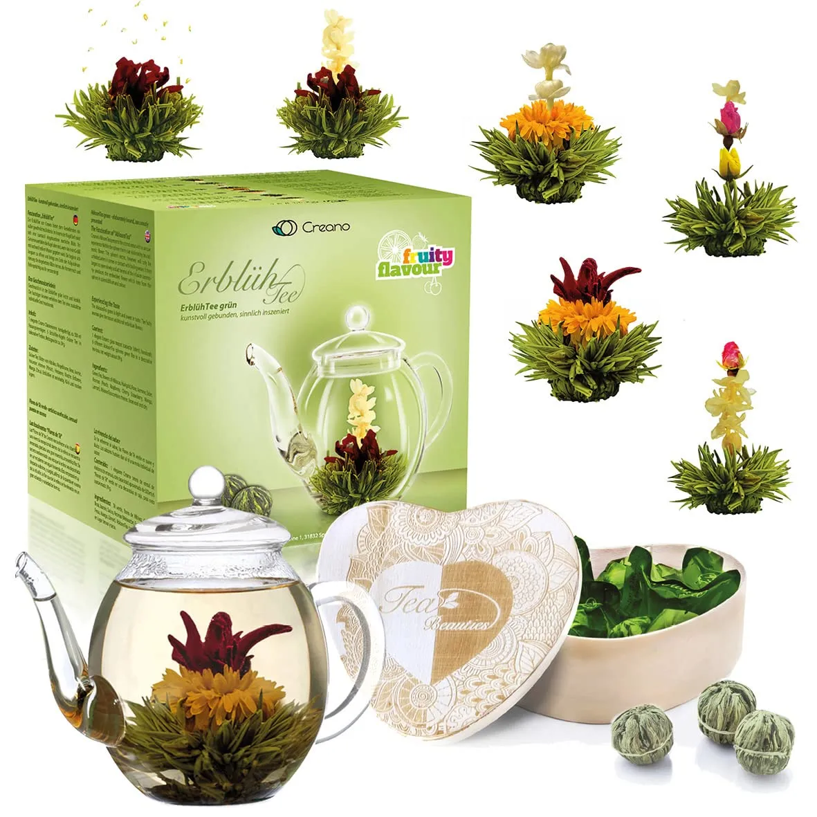 Creano Set regalo 'Erblühtee', miscela di tè ai fiori in scatola di legno - 6 tipi di tè verde incl. teiera in vetro 500ml