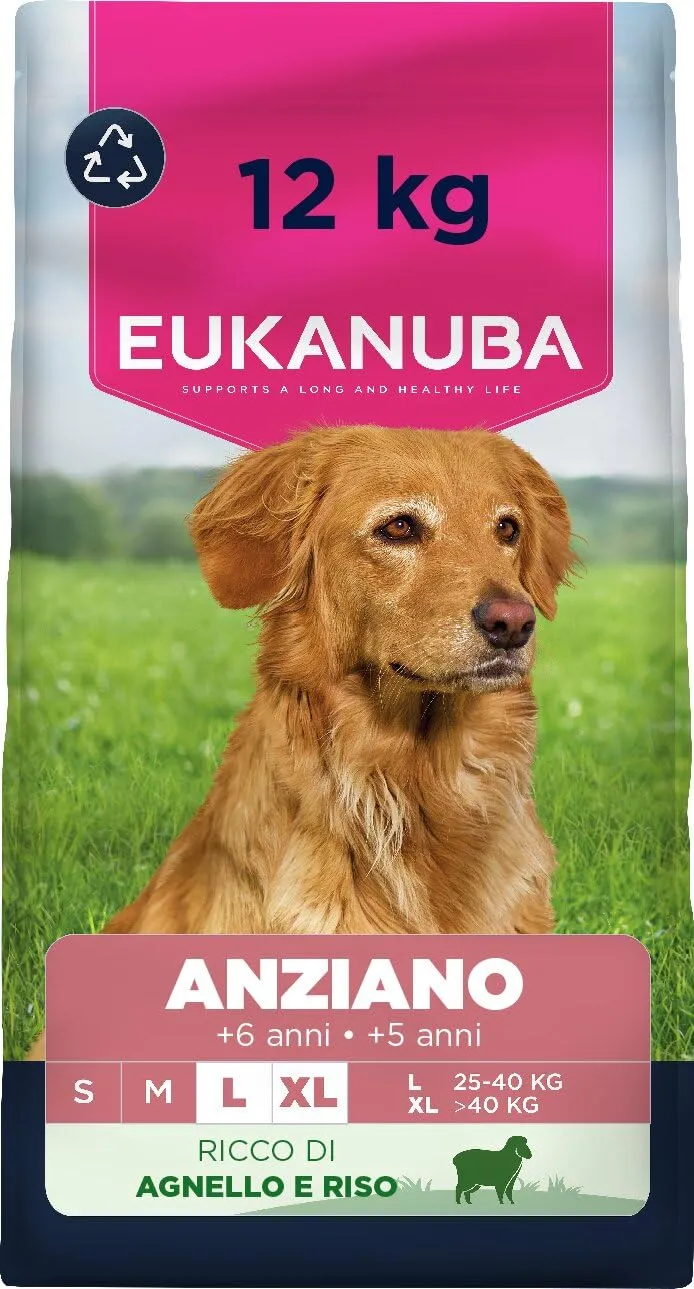 Eukanuba Senior Mangime per cani con agnello e riso per razze di taglia grande, mangime secco premium per cani anziani, 12 kg