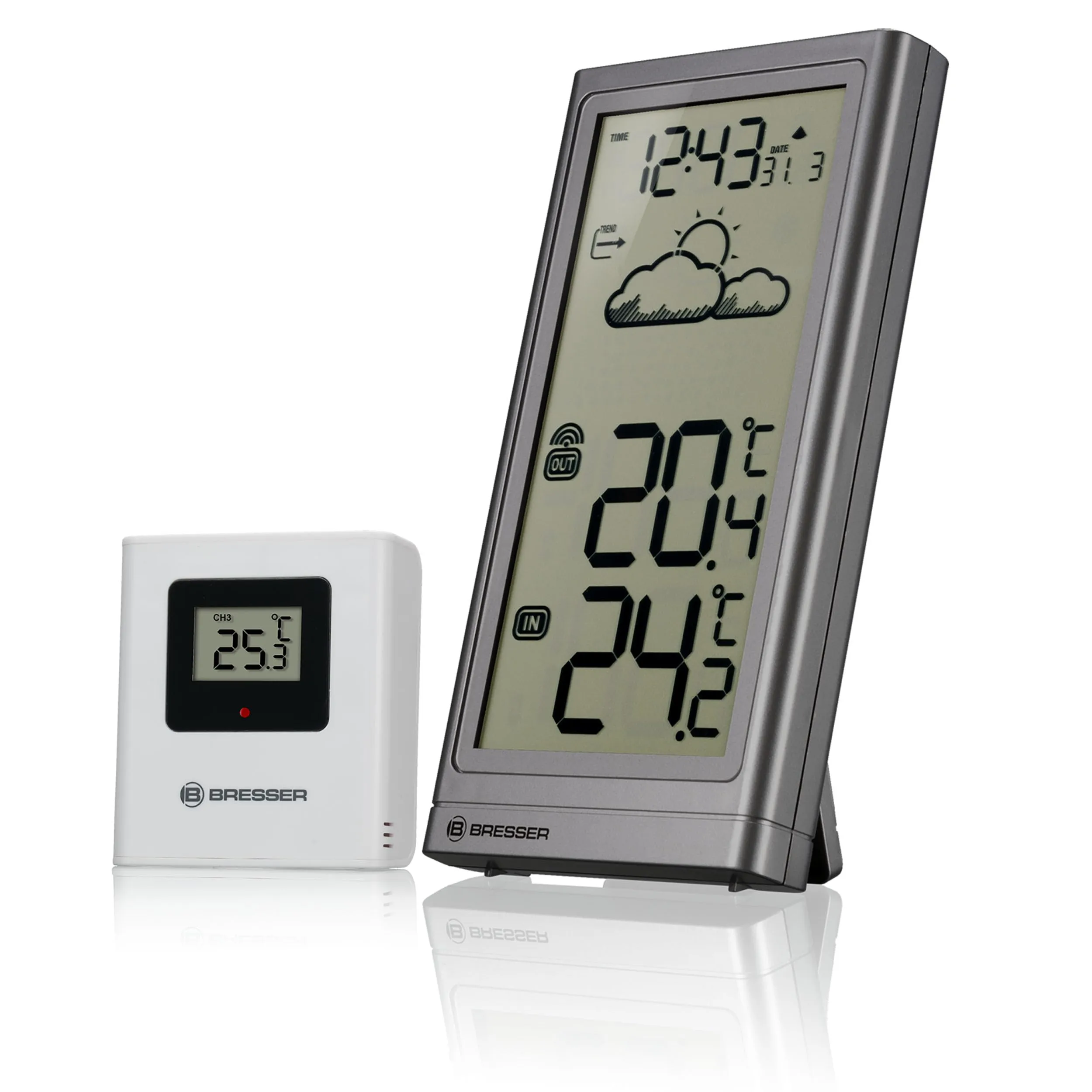 Stazione meteo Bresser con sensore esterno, temperatura interna ed esterna, tendenza meteo, allerta gelo, orologio radio, ampio display
