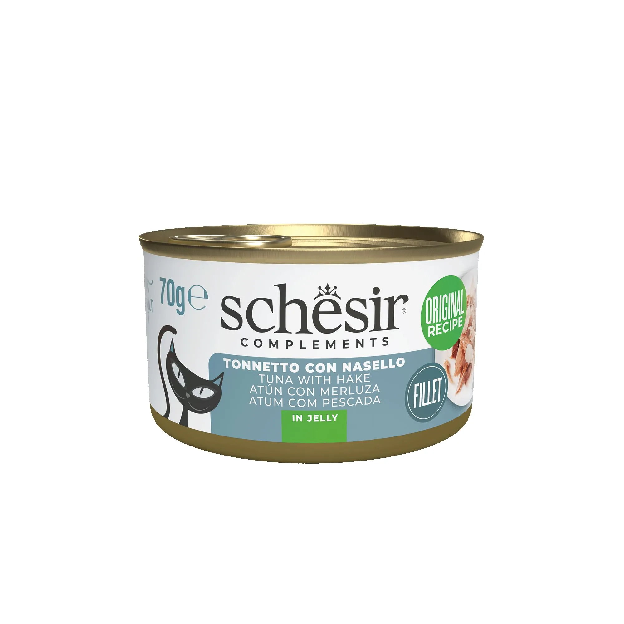 Schesir Tuna Fillets with Hake in Jelly, Complementary Wet Food for Cats, Original Recipe, 100% Natural, 70g