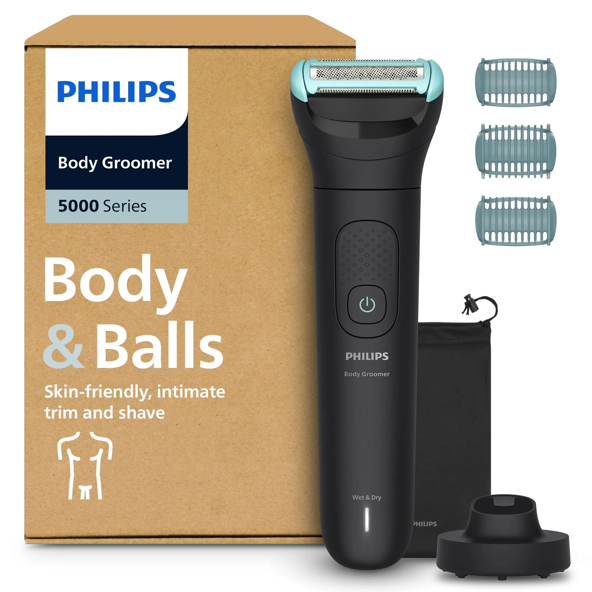 Philips Bodygroom Serie 5000 - Rifinitore per uomo con Sistema a tripla protezione, Rifinitura e rasatura intima, Impermeabile al 100%, 100 minuti di autonomia, Modello BG5485/30